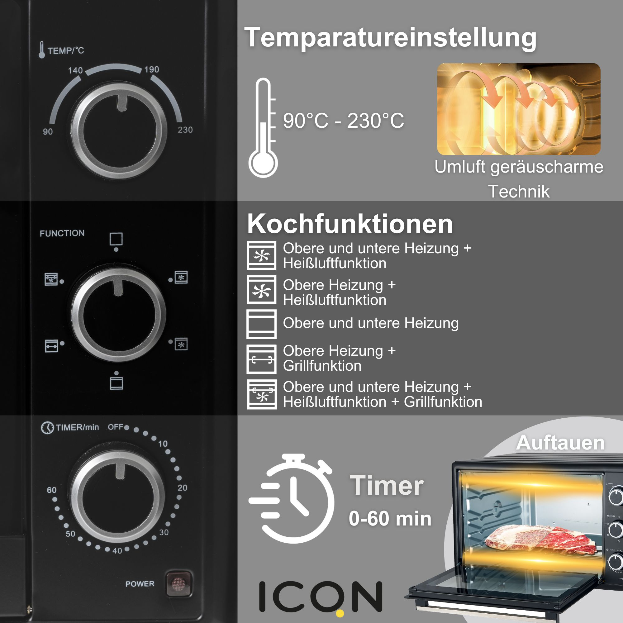 90°-230°C, Umluft, Doppelverglasung, Liter, W, Backofen 50 ICQN 1800 Set Mini inkl. Backblech