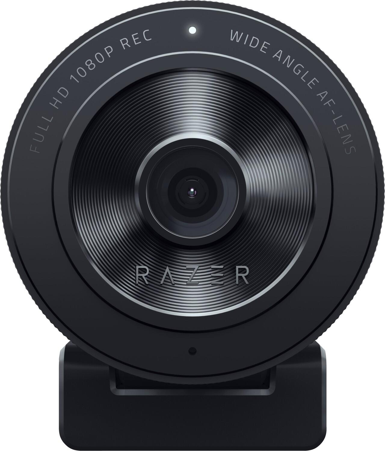 Nahaufnahme einer schwarzen Razer-Webcam mit Weitwinkelobjektiv und Full HD 1080P REC.