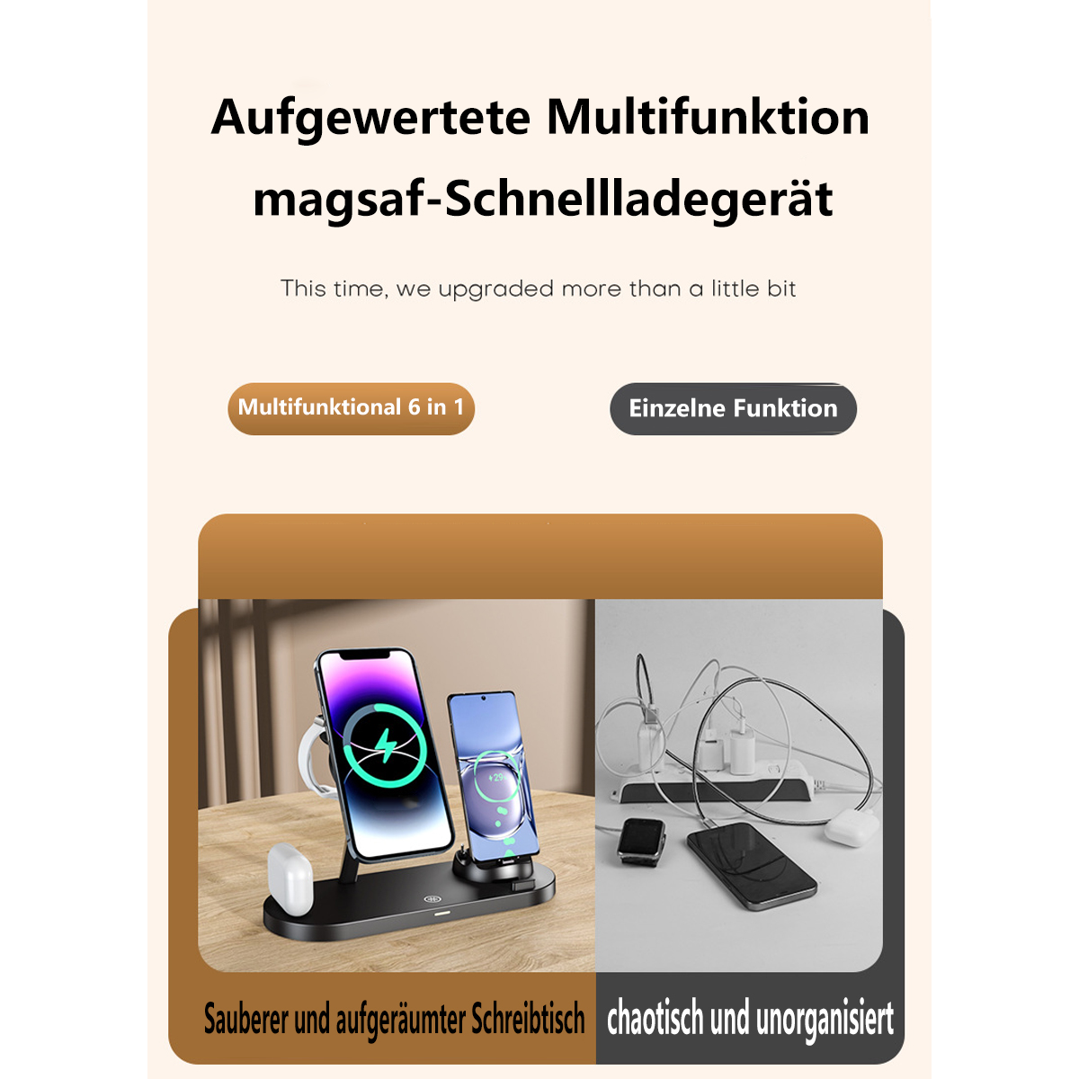 Eine Ladestation mit zwei Telefonen und dem Text 'Multifunktional 6 in 1'.