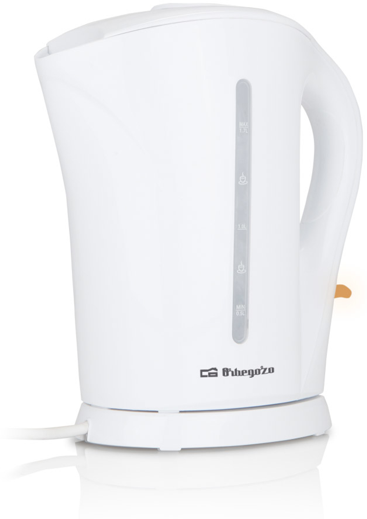 Hervidor eléctrico blanco con indicador de nivel de agua y cable de alimentación, sobre superficie blanca.