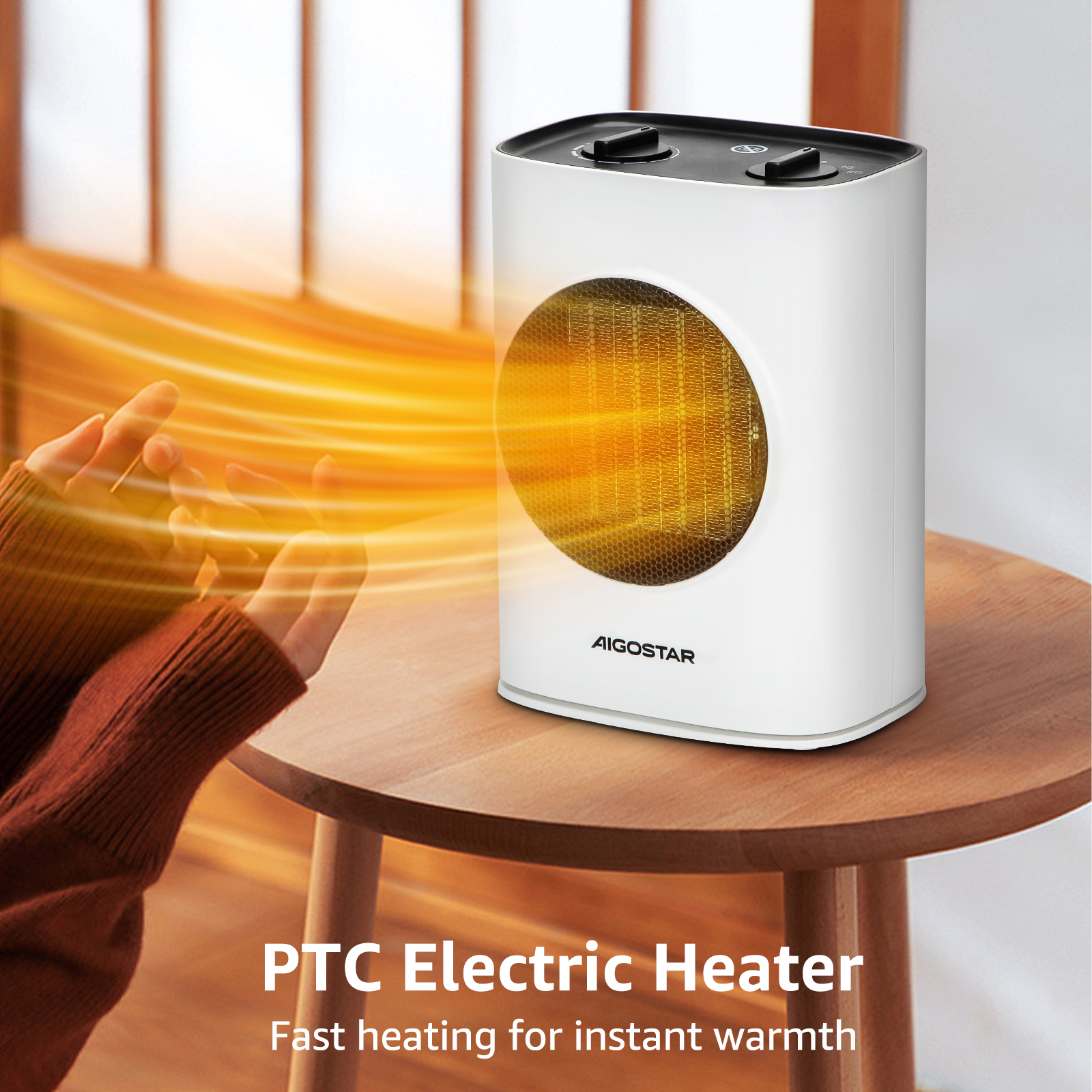 Calentador eléctrico blanco. Las manos de una persona están cerca del calentador con ondas de calor irradiando hacia afuera.