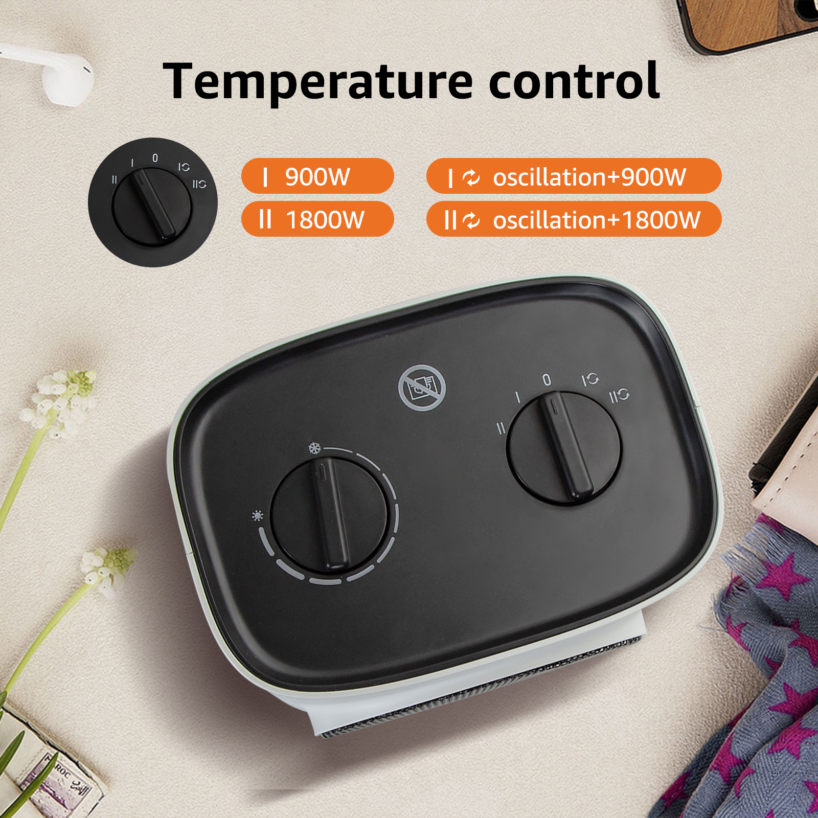 Dispositivo de calefacción con dos diales etiquetados para control de temperatura y potencia.
