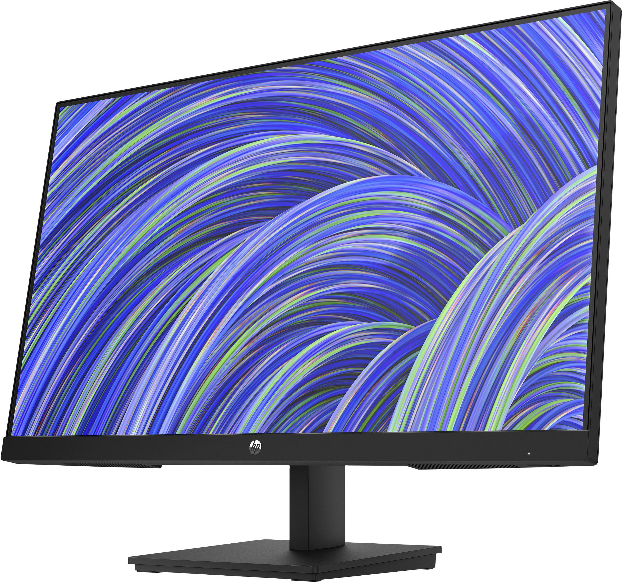 Monitor negro con pantalla curva que muestra un patrón abstracto azul y verde.