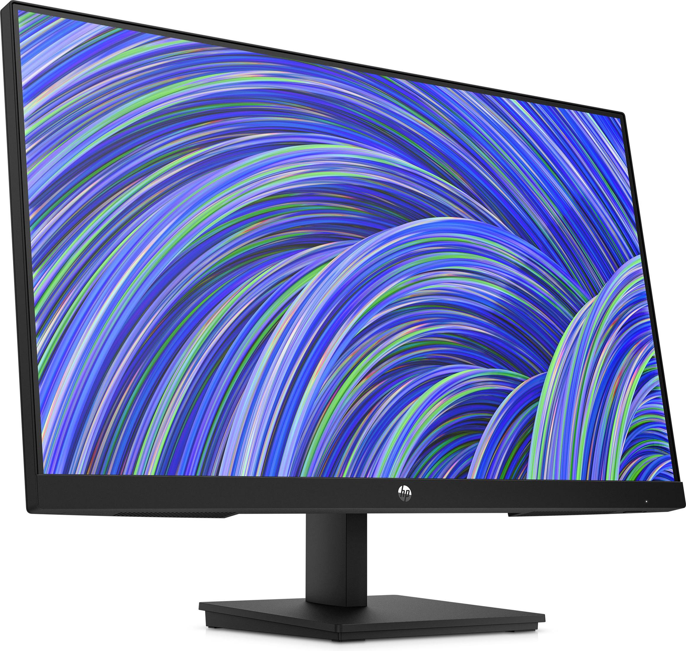 Un monitor negro con líneas onduladas azules y verdes en la pantalla. Está sobre un soporte negro.