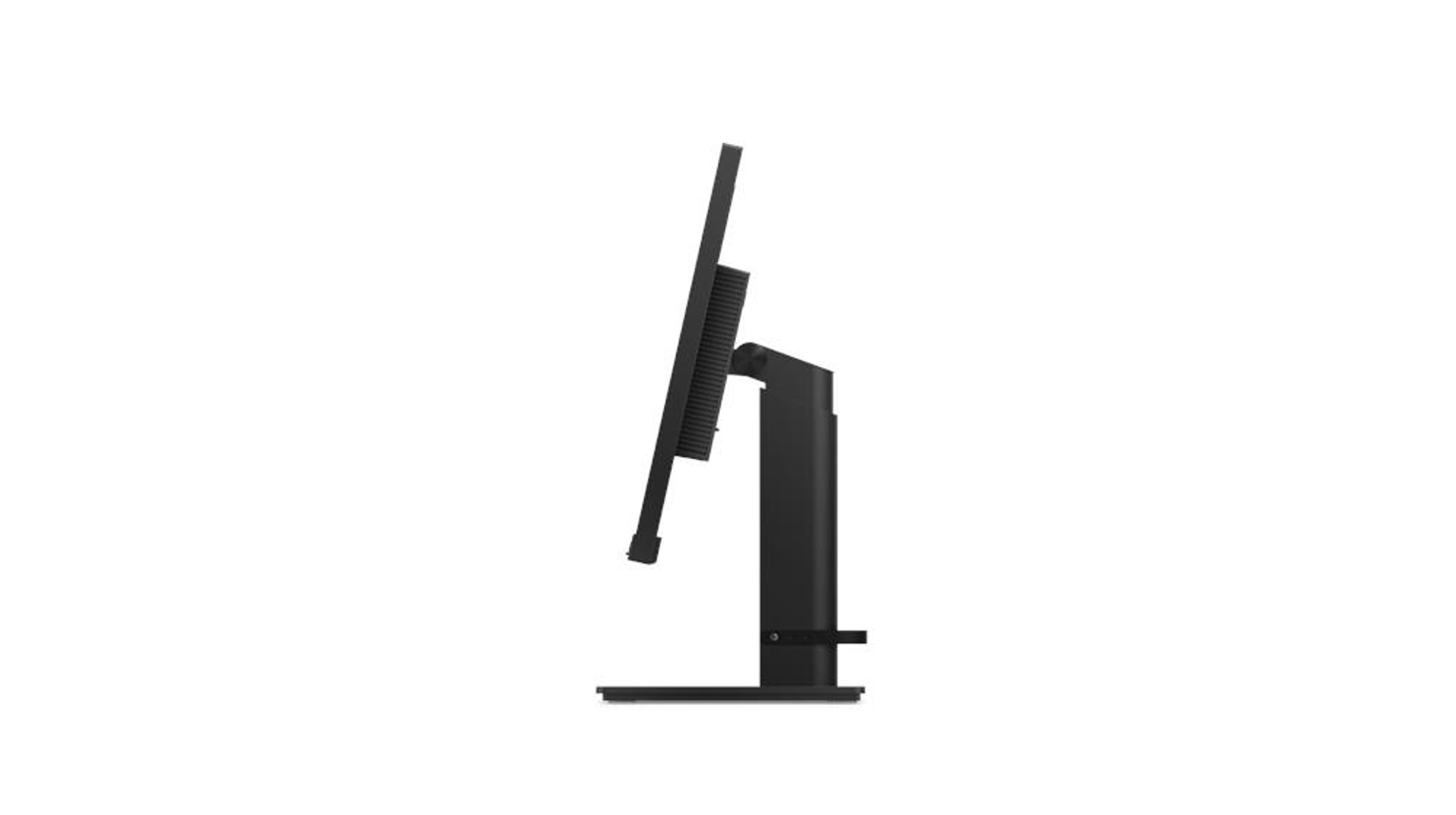 Seitenansicht eines schwarzen Computermonitors auf einem Ständer. Weißer Hintergrund.