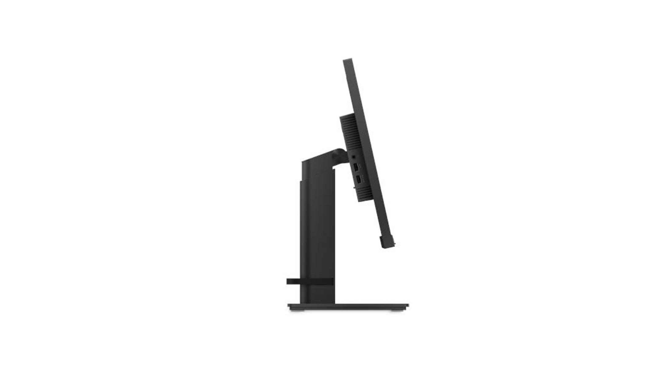 Seitenansicht des schwarzen Lenovo-Monitors mit Ständer, nach rechts abgewinkelt, mit weißem Hintergrund.