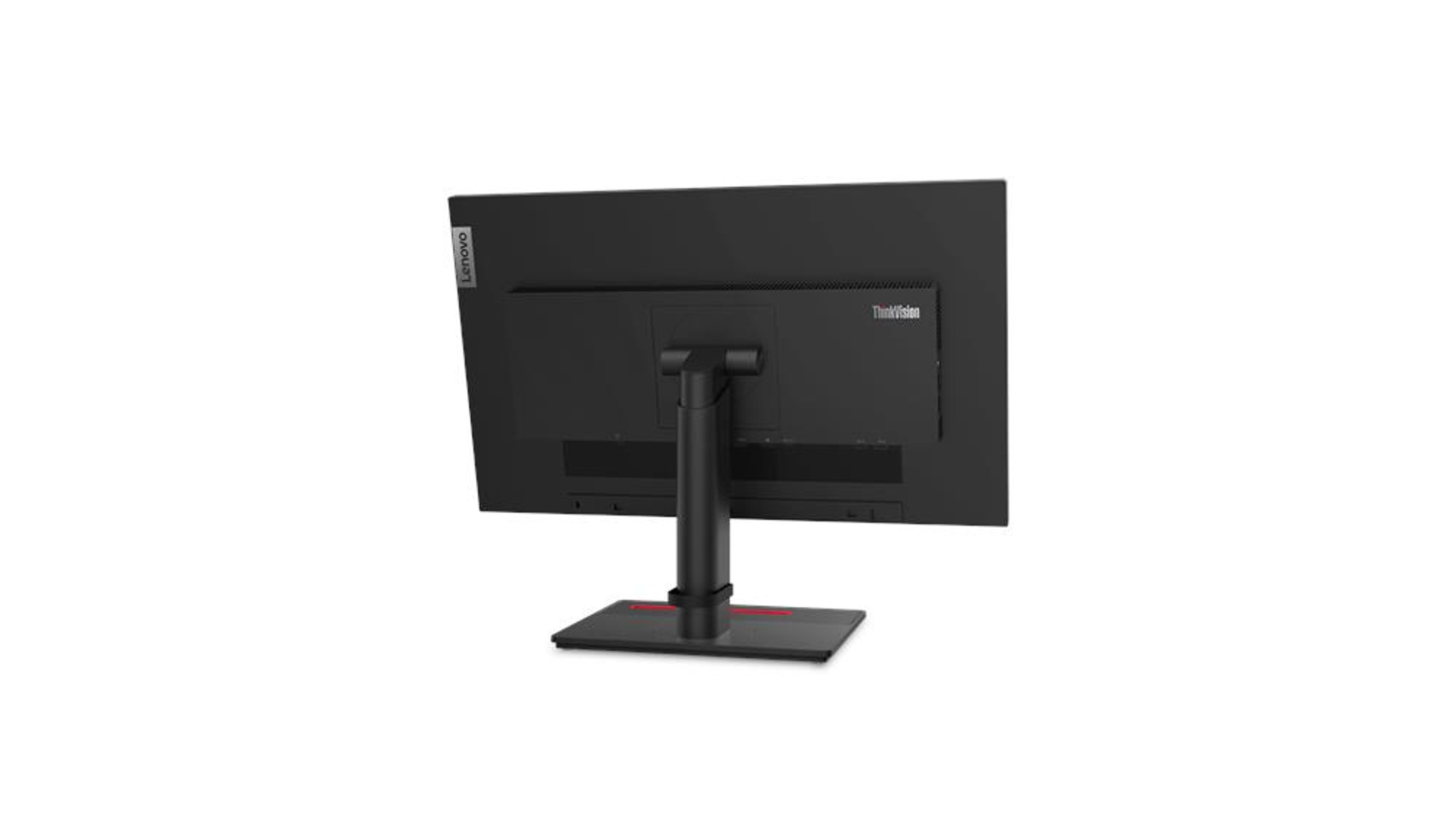 Rückansicht eines schwarzen Lenovo-Monitors auf weißem Hintergrund. Der Ständer ist schwarz mit rotem Akzent.