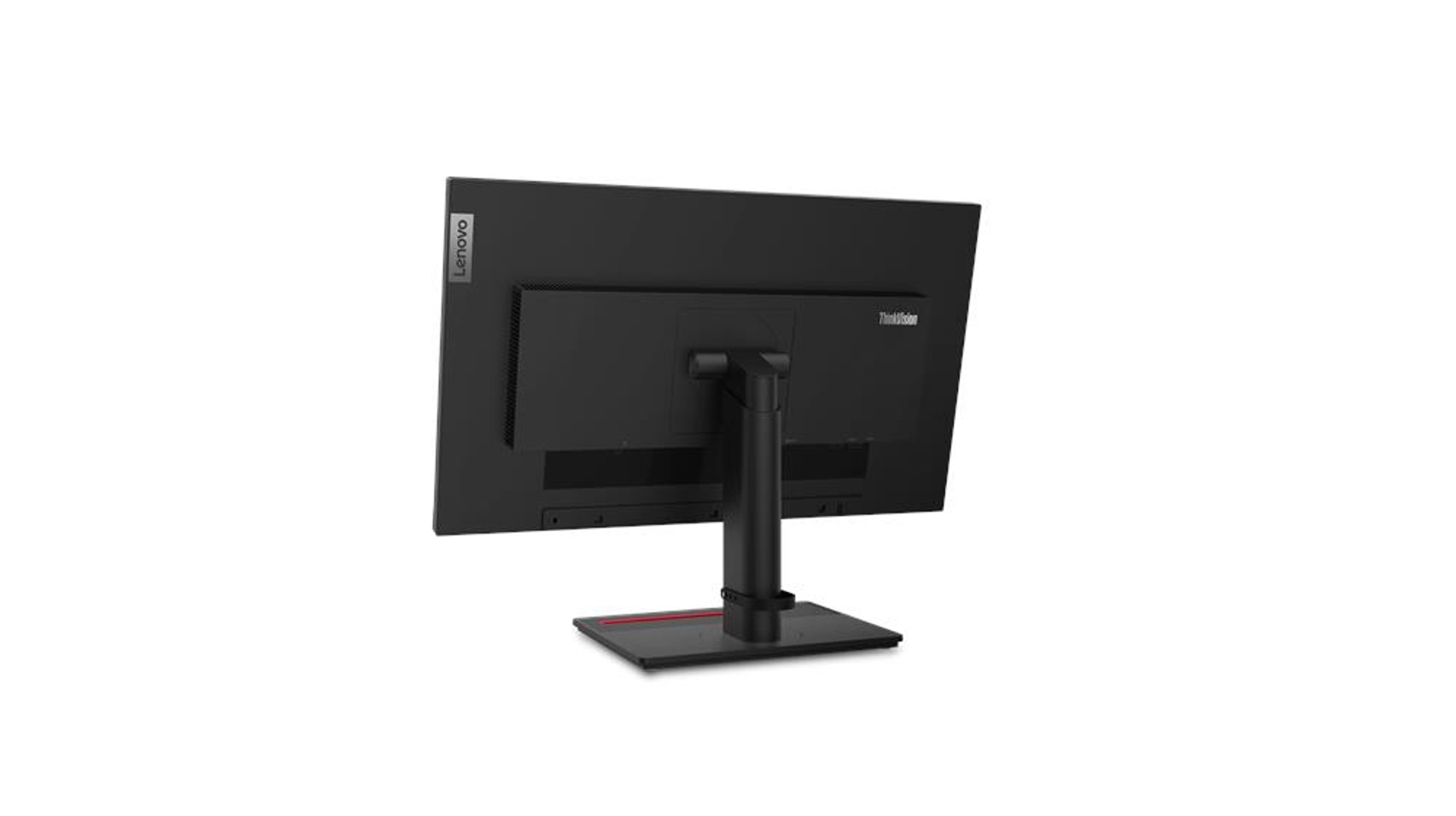 Rückansicht eines schwarzen Lenovo-Monitors mit Ständer.