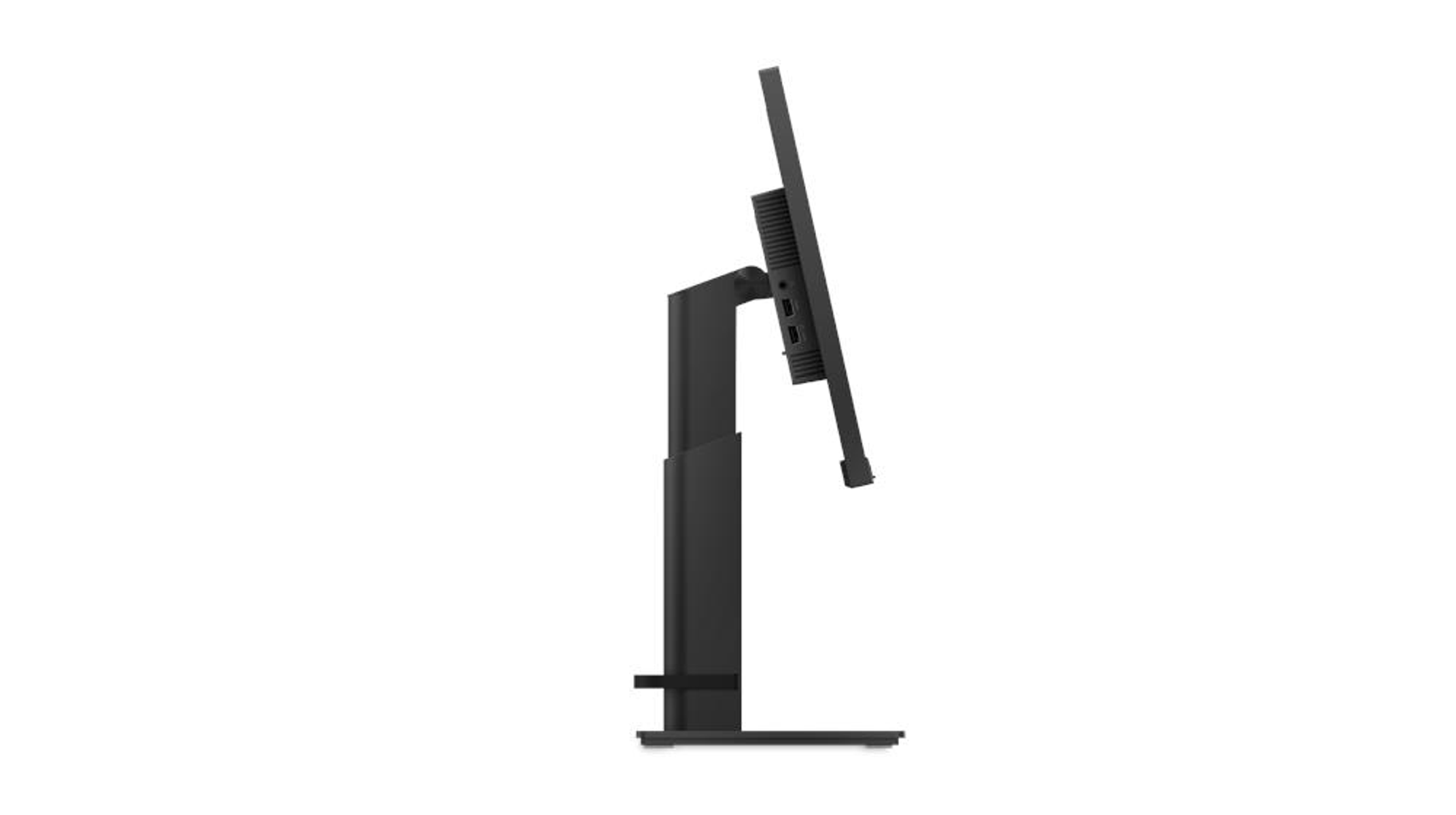 Seitenansicht eines schwarzen Computermonitors auf einem Ständer.