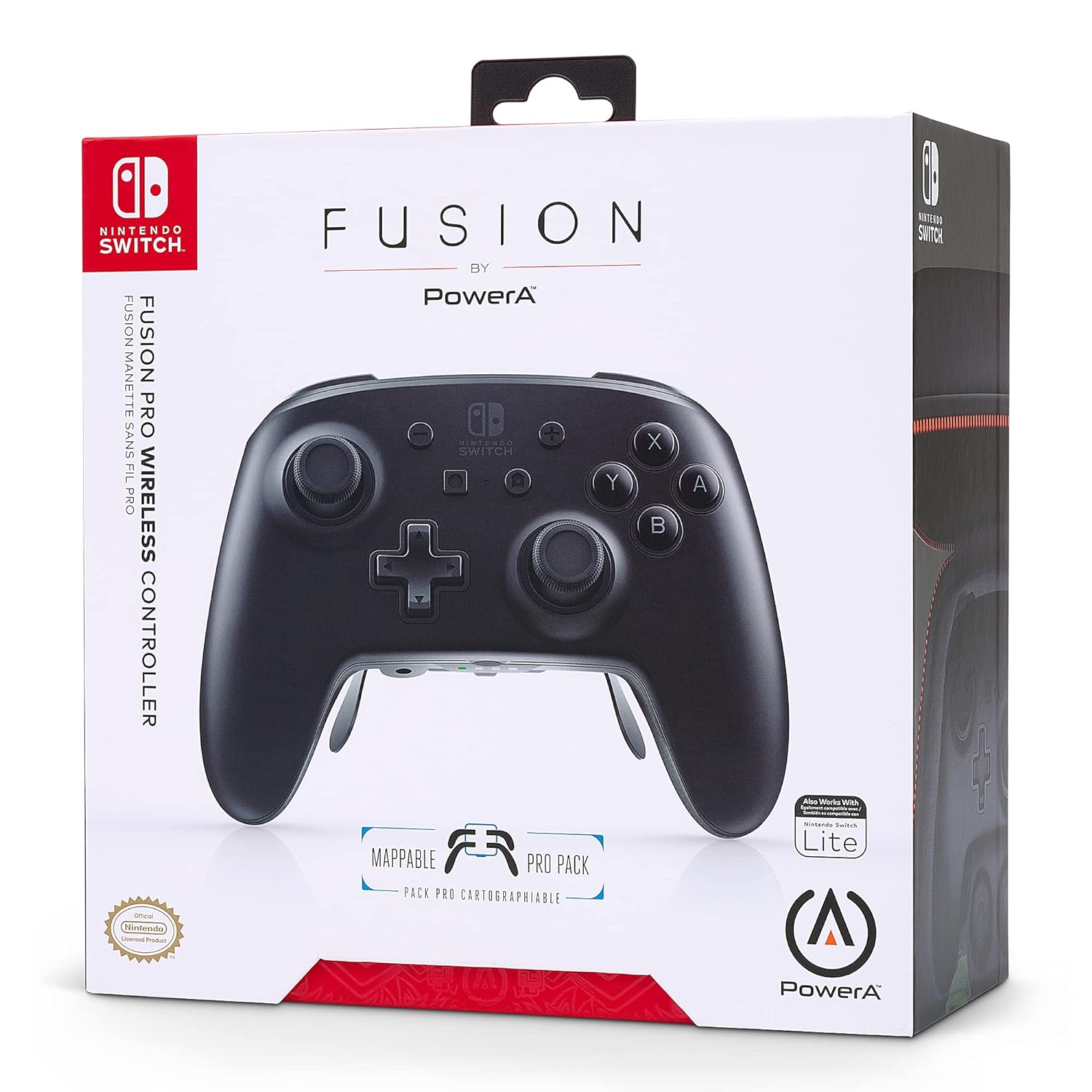 A black Nintendo Switch controller box. The controller is visible through a window.