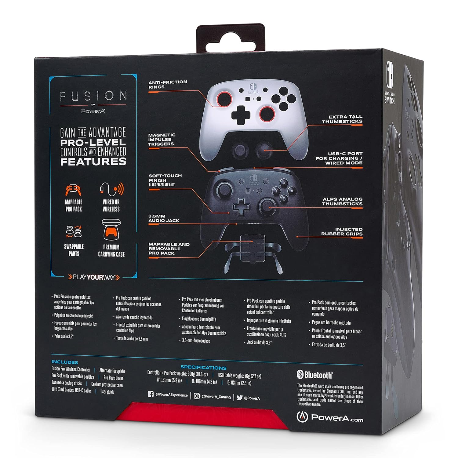 Packaging box for a game controller with the controller and features detailed.