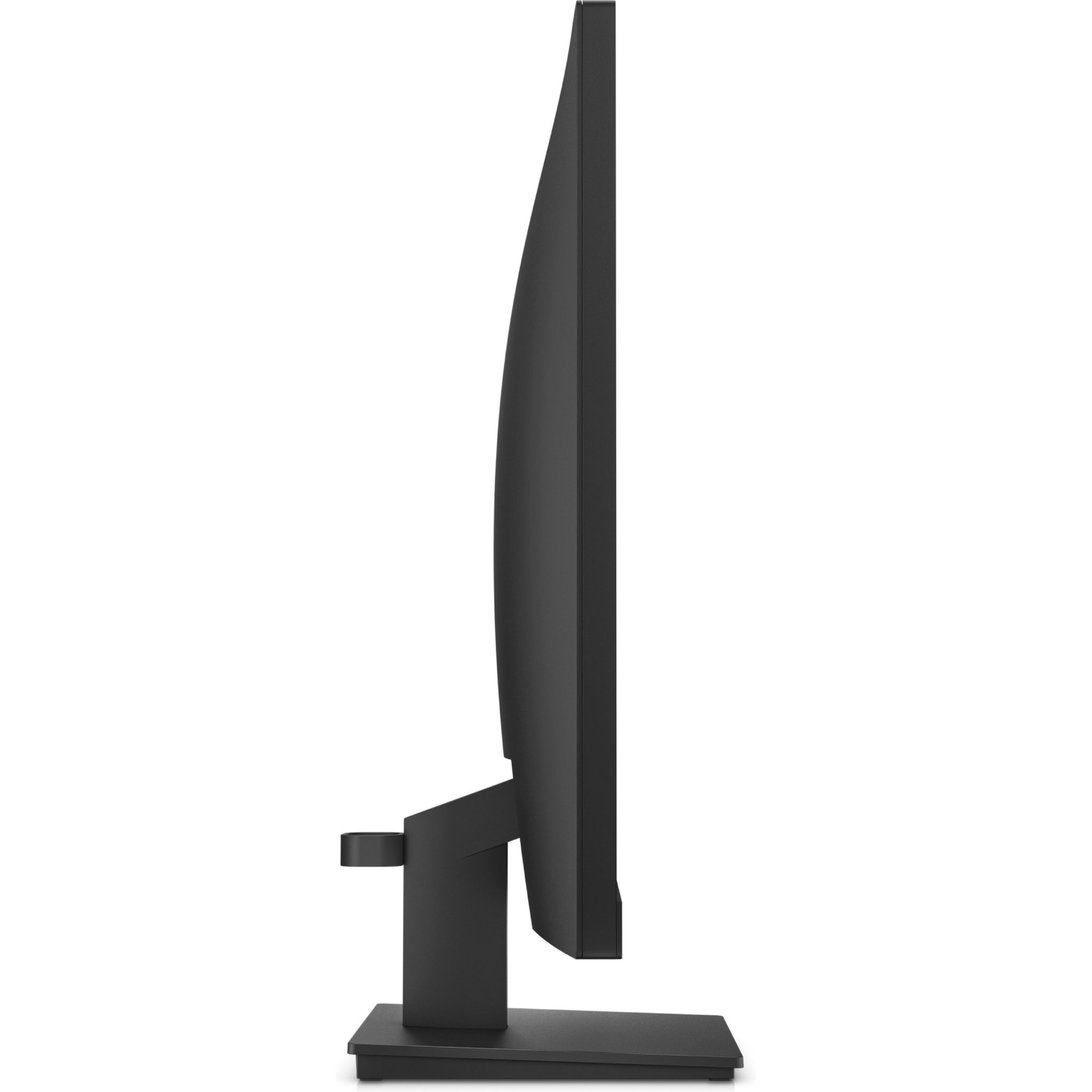 Widok z boku czarnego monitora komputera ze stojakiem, prosty design.