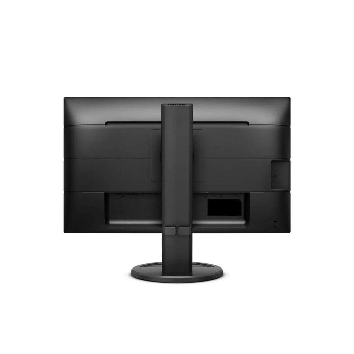 Tył czarnego monitora z portami i podstawką.