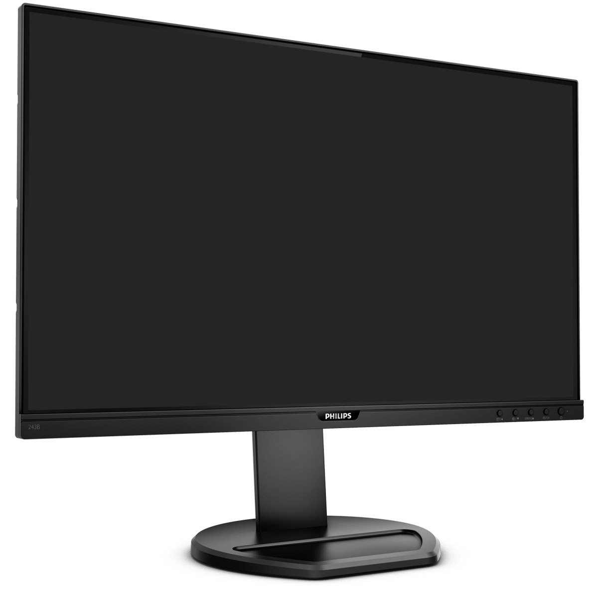 Czarny monitor komputerowy. Ekran jest czarny. Podstawa jest czarna i okrągła.