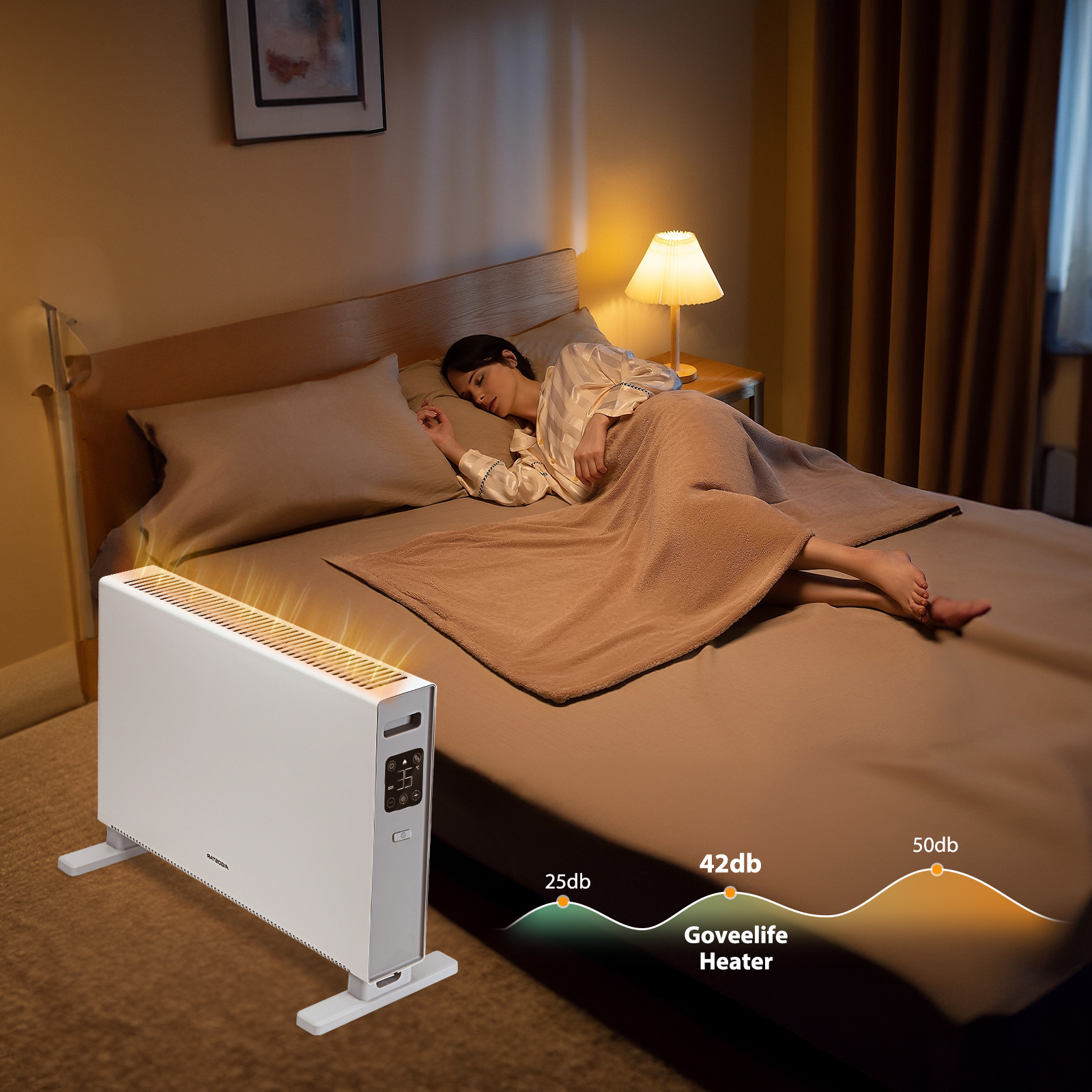 Una mujer durmiendo en la cama con un calentador blanco cerca. Hay una lámpara y una mesa auxiliar.