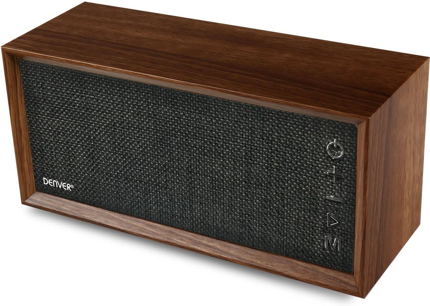 Un altavoz de madera marrón con una parte frontal de malla negra y botones de control. La marca es DENVER.