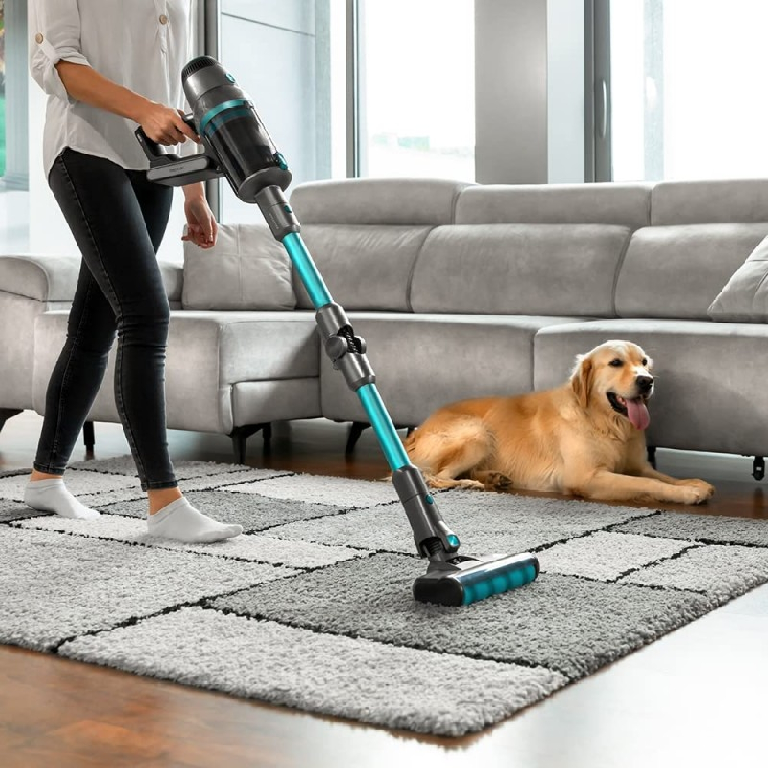Una persona aspira un tappeto con un aspirapolvere senza fili nero e verde acqua; un golden retriever si riposa vicino.