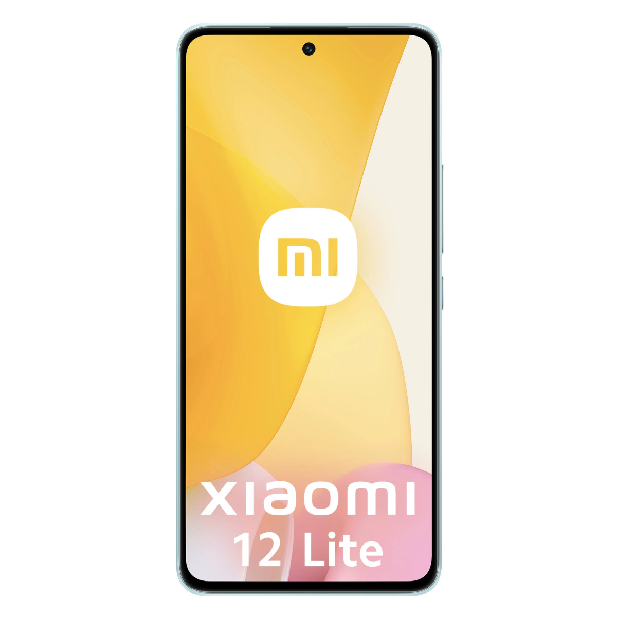 Turkusowy telefon Xiaomi 12 Lite z gradientem żółto-różowym, białym logo i czarnymi obwódkami.