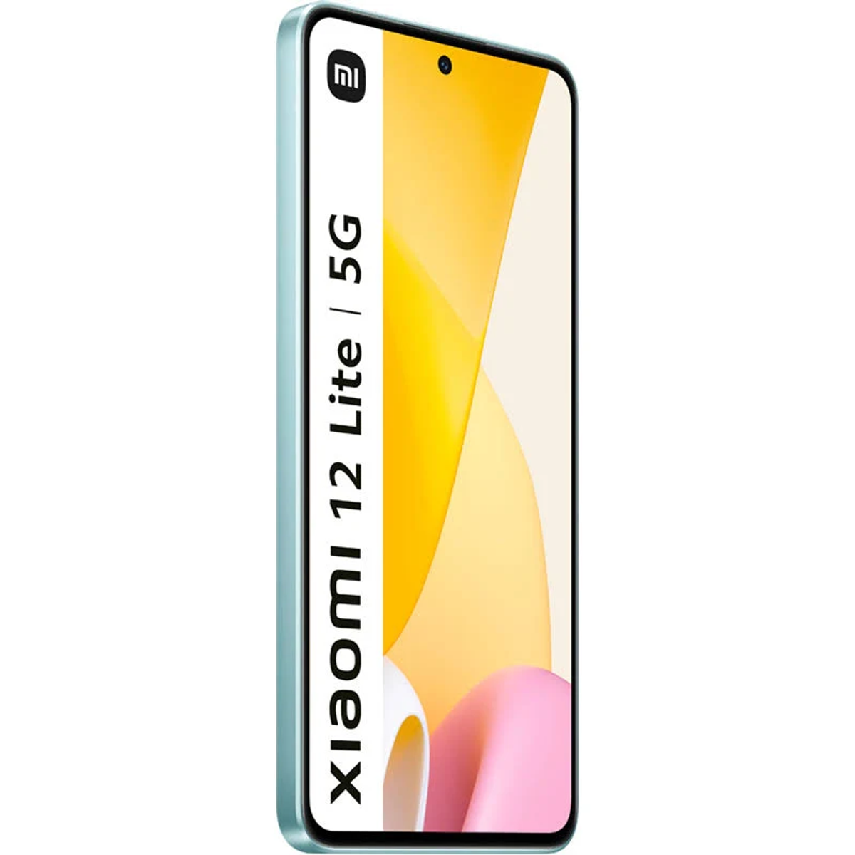 Turkusowy smartfon z dużym ekranem, aparatem i napisem Xiaomi 12 Lite 5G.