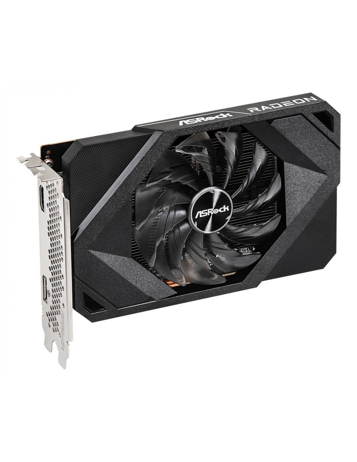 Scheda grafica con ventola e dissipatore neri. Marchio ASRock Radeon visibile. Sfondo bianco.