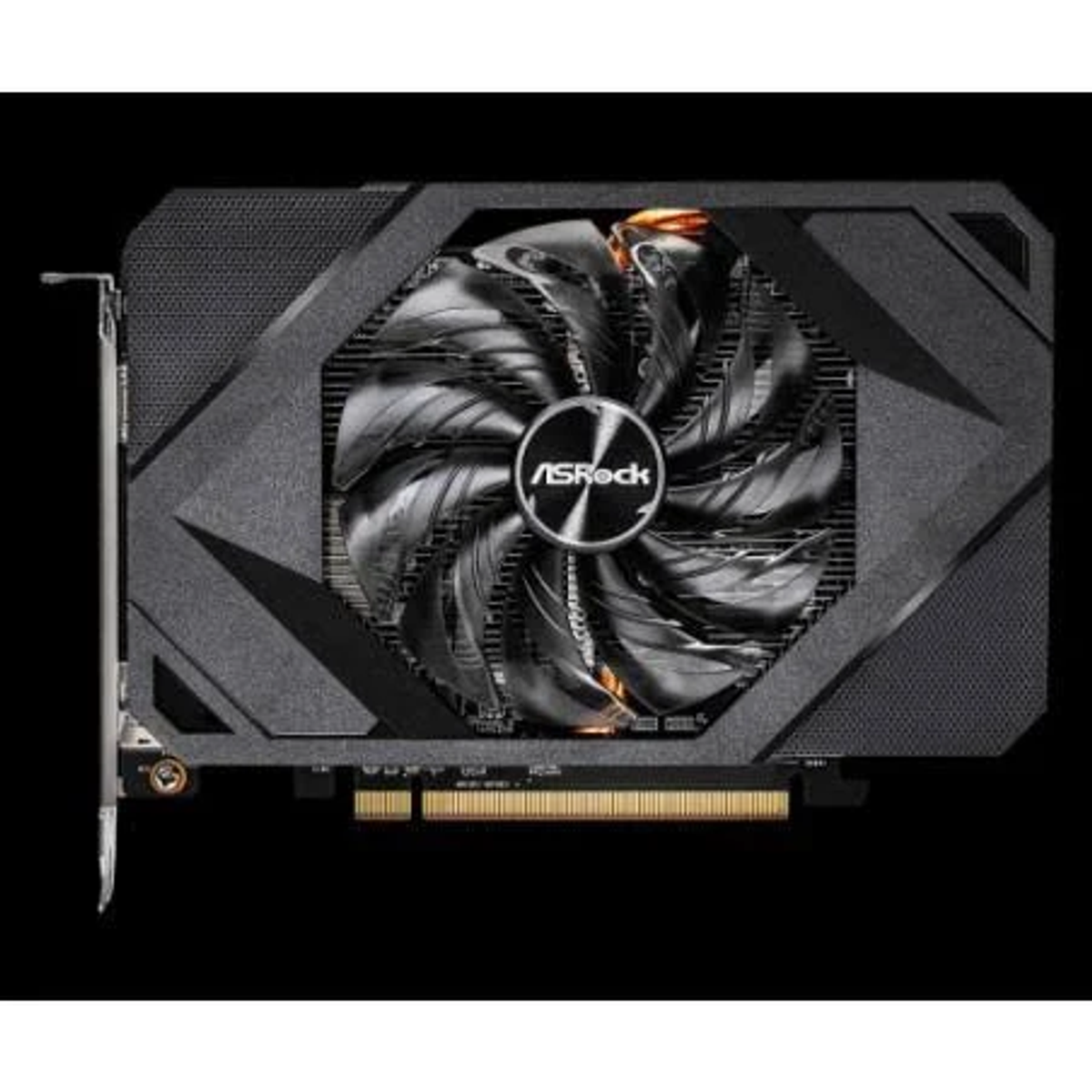 Scheda grafica nera con ventola e logo ASRock. Su sfondo nero.