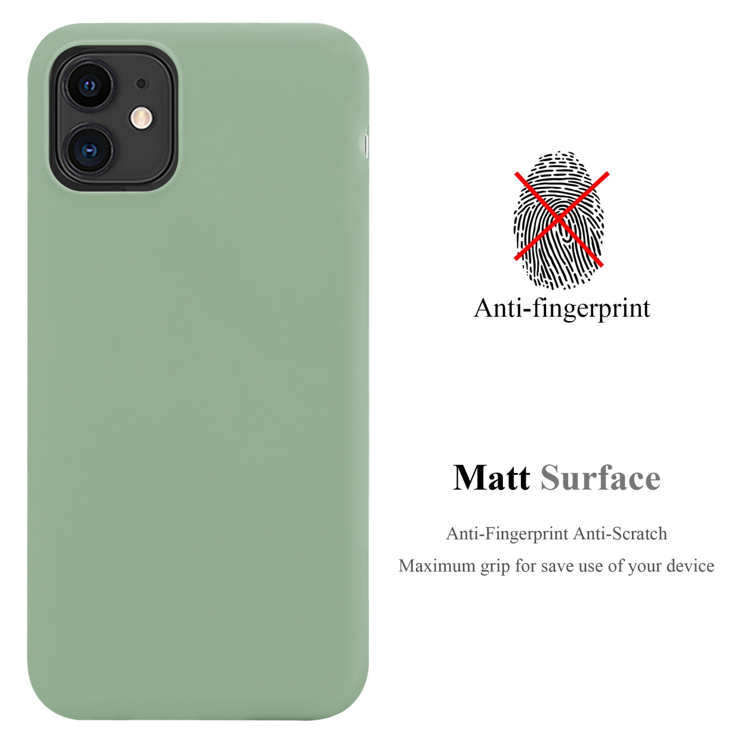 Custodia verde per telefono con testo 'Matt Surface'. Mostra la resistenza alle impronte digitali.