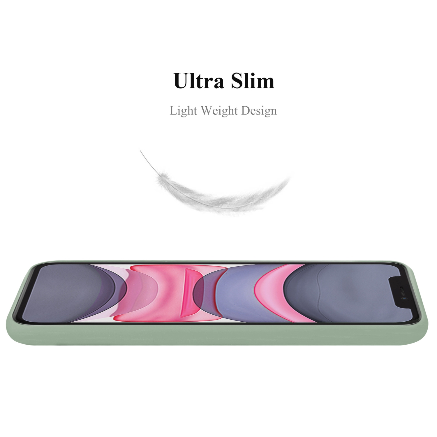 Una custodia per telefono verde su una superficie bianca, con una piuma e il testo 'Ultra Slim'.