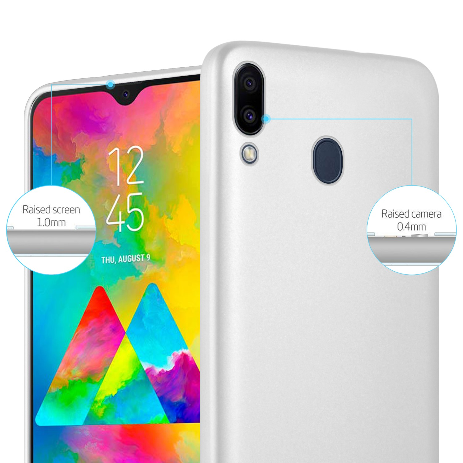 Custodia bianca per telefono con schermo e fotocamera rialzati. Il telefono mostra un'immagine colorata e la data.