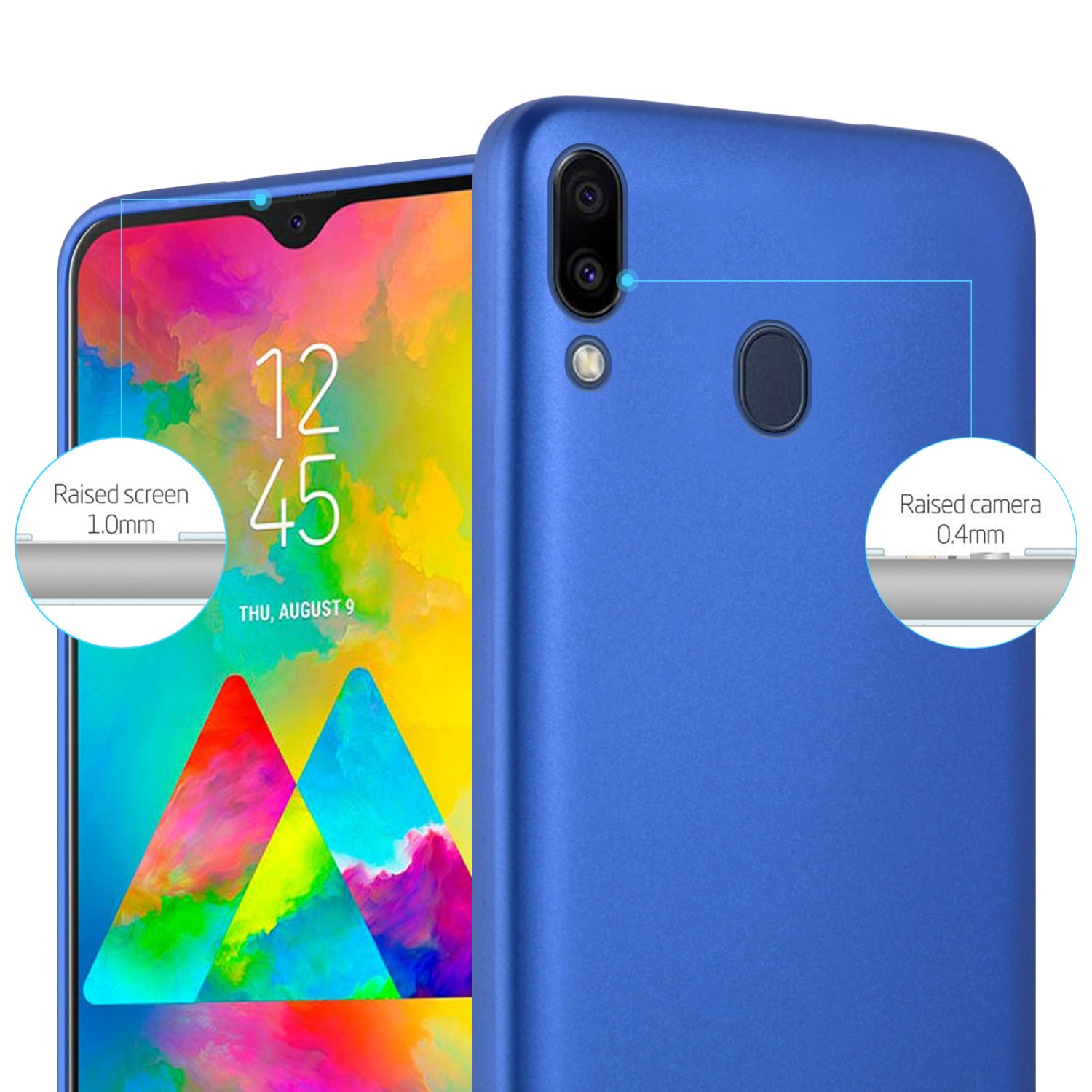 Custodia per telefono blu, con dettagli dello schermo e del retro. I dettagli includono bordi rialzati e protezione della fotocamera e dello schermo.