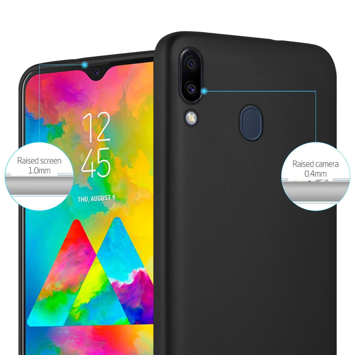 Primo piano di un telefono nero con schermo e fotocamera rialzati e schermo a colori.