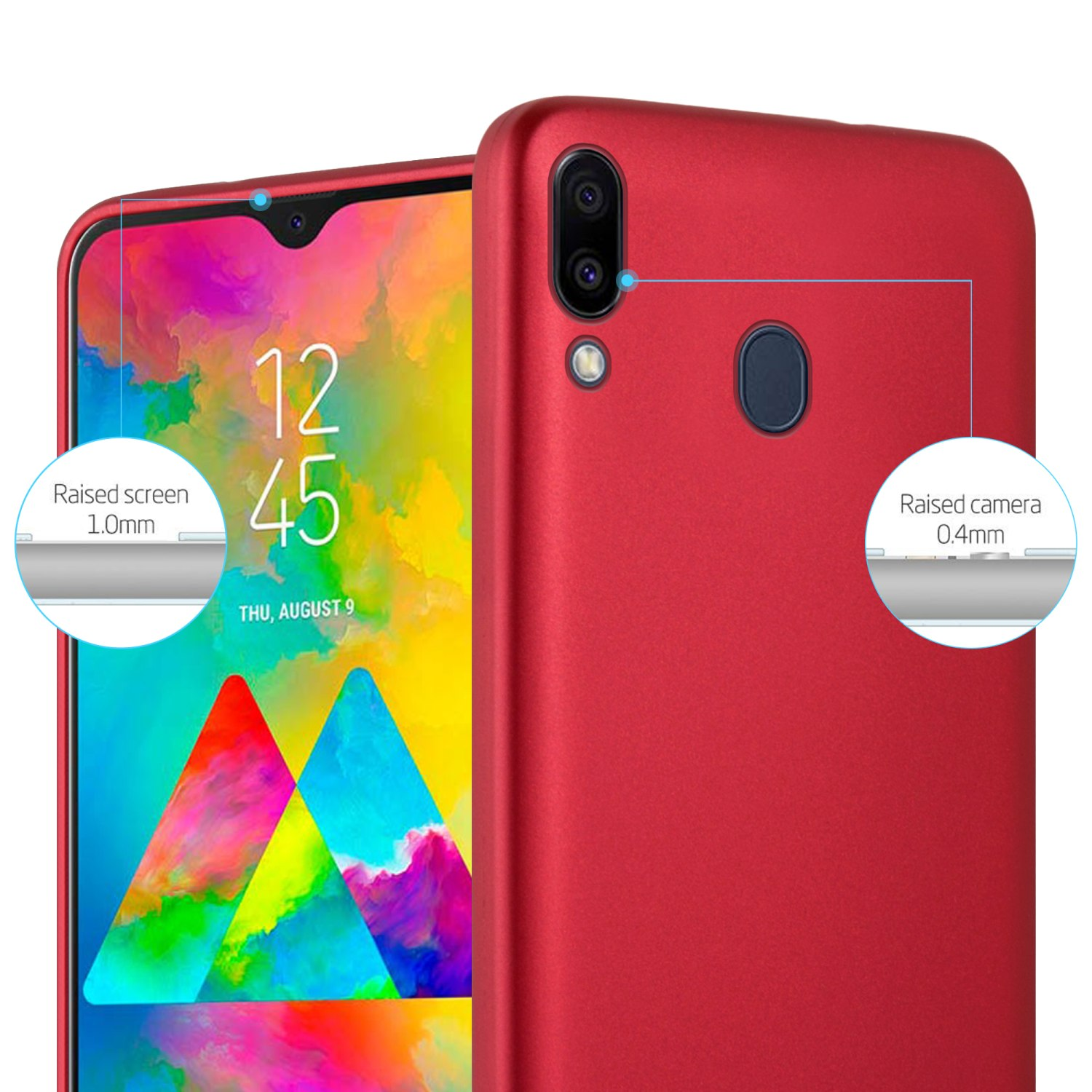 Telefono rosso con fotocamera e schermo. I dettagli dello schermo e della fotocamera sono evidenziati da frecce.
