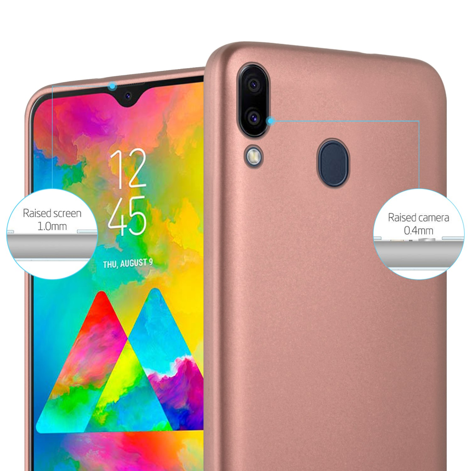 Un telefono rosa con doppia fotocamera e schermo e fotocamera rialzati, con testo.