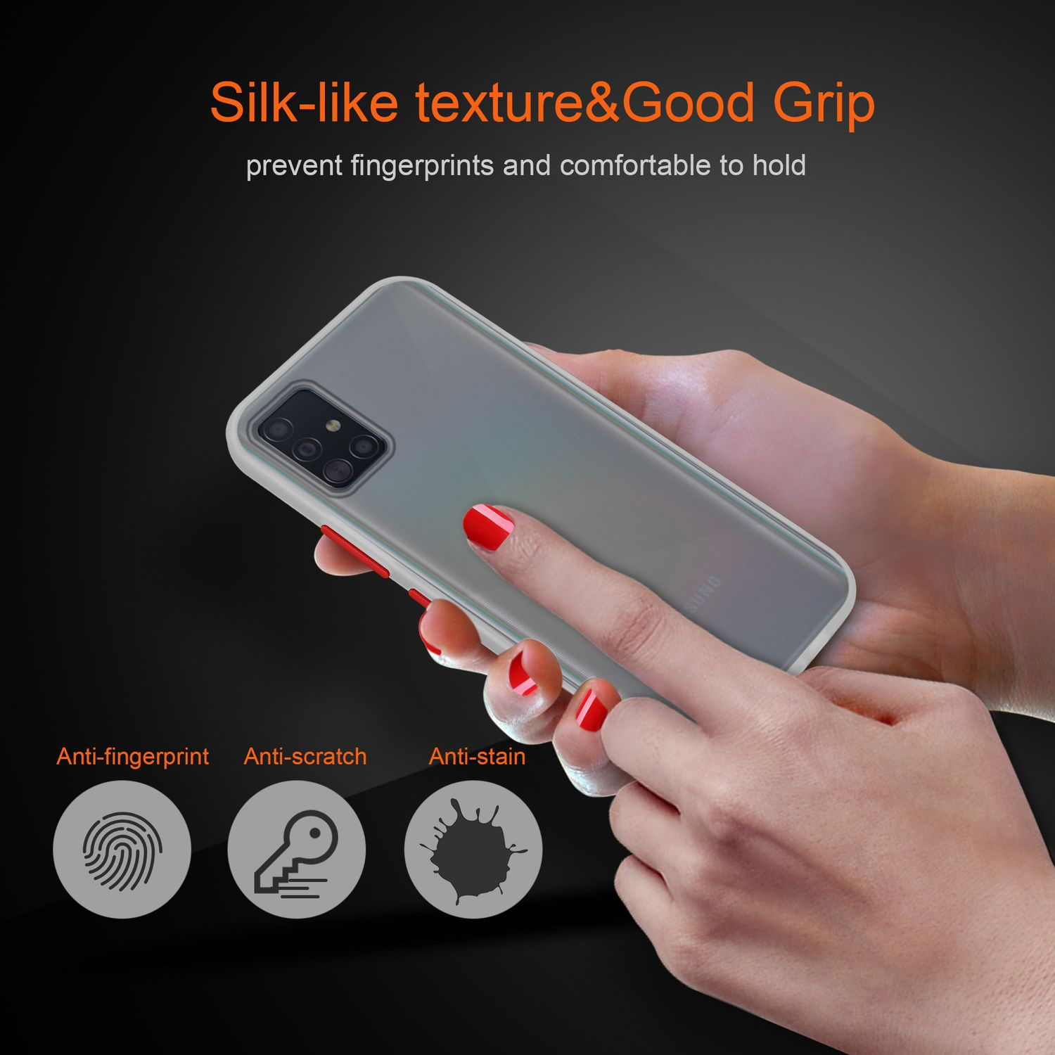 Hände halten ein Telefon in einer Hülle. Zeigt Anti-Fingerabdruck, Anti-Kratzer und Anti-Flecken.