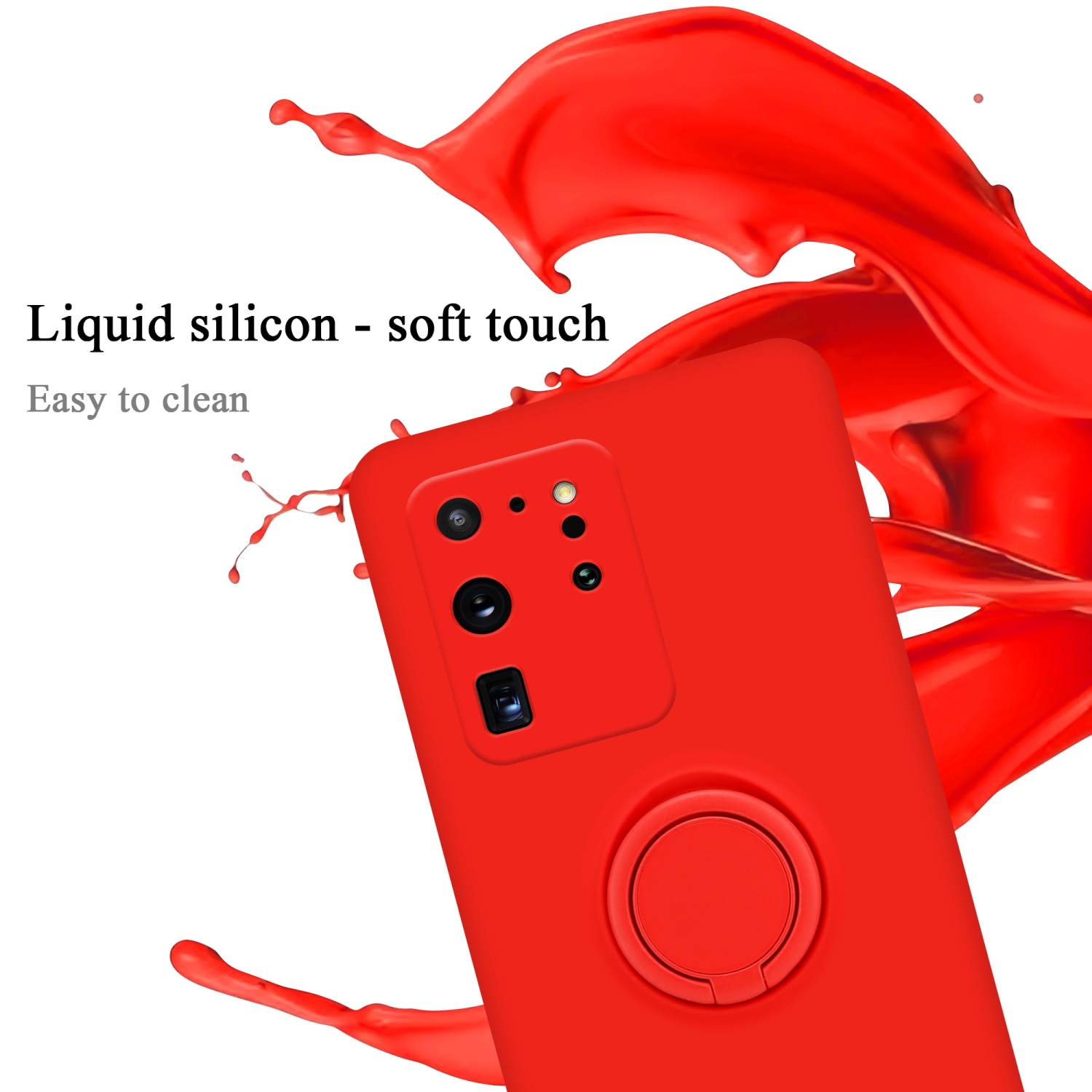 Rote Handyhülle mit Ringhalter, flüssigem Silikon und Soft-Touch, leicht zu reinigen.
