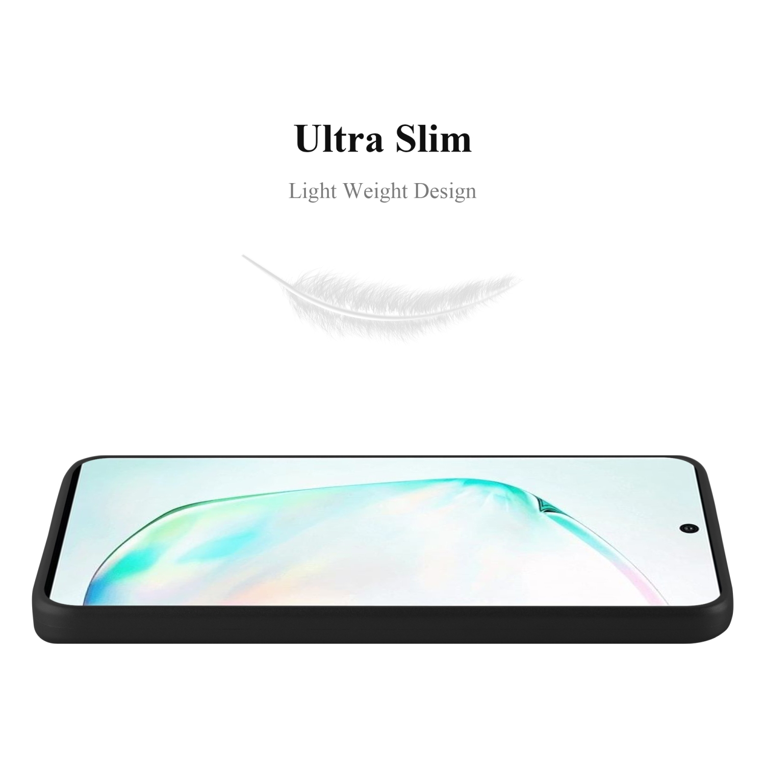 Una custodia per telefono nera con testo 'Ultra Slim'. La custodia è su sfondo bianco, con una piuma.