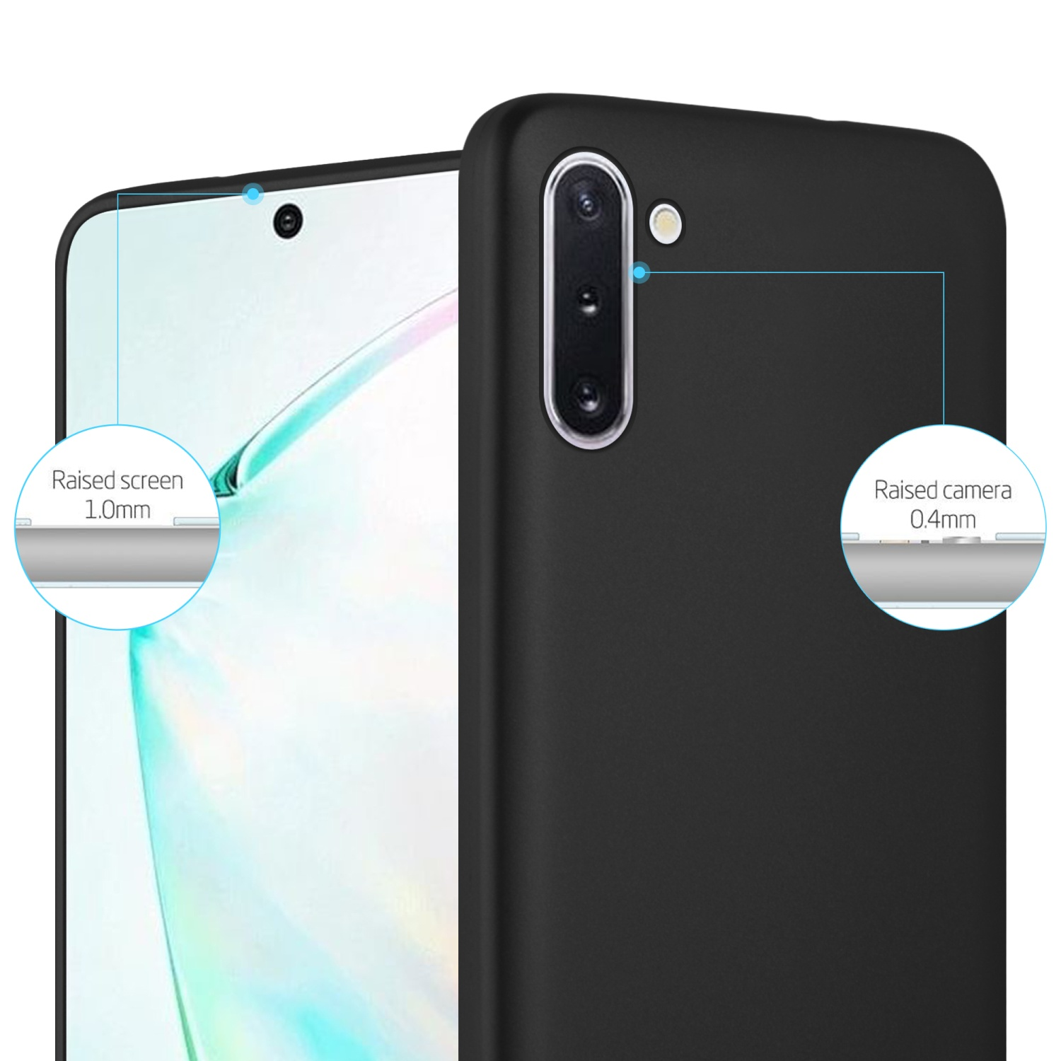 Primo piano di un telefono nero con protezione schermo. Schermo e fotocamera sono rialzati.