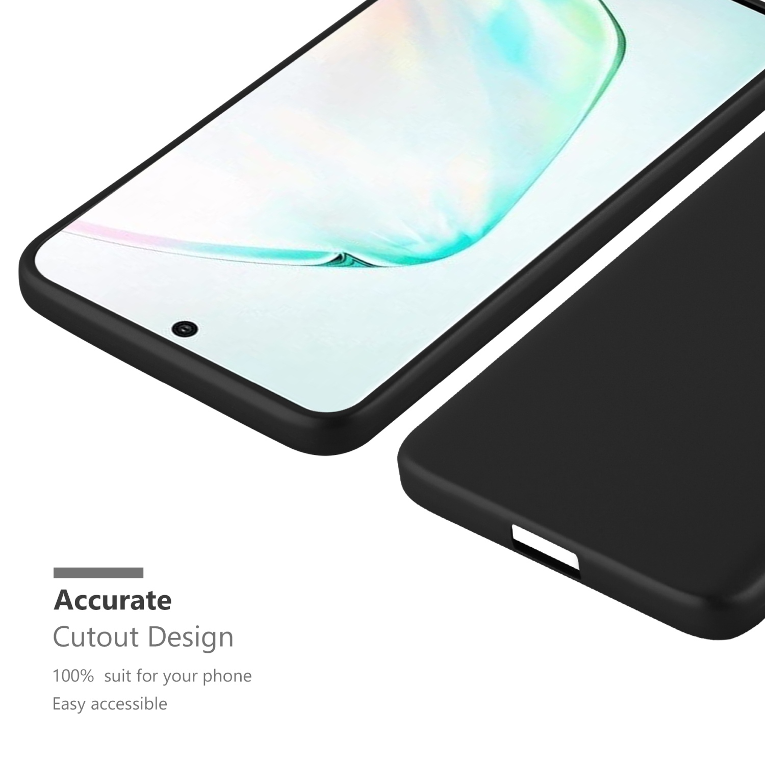 Primo piano di due custodie nere per telefoni. Una sopra, l'altra sotto. Testo: 'Accurate Cutout Design'.