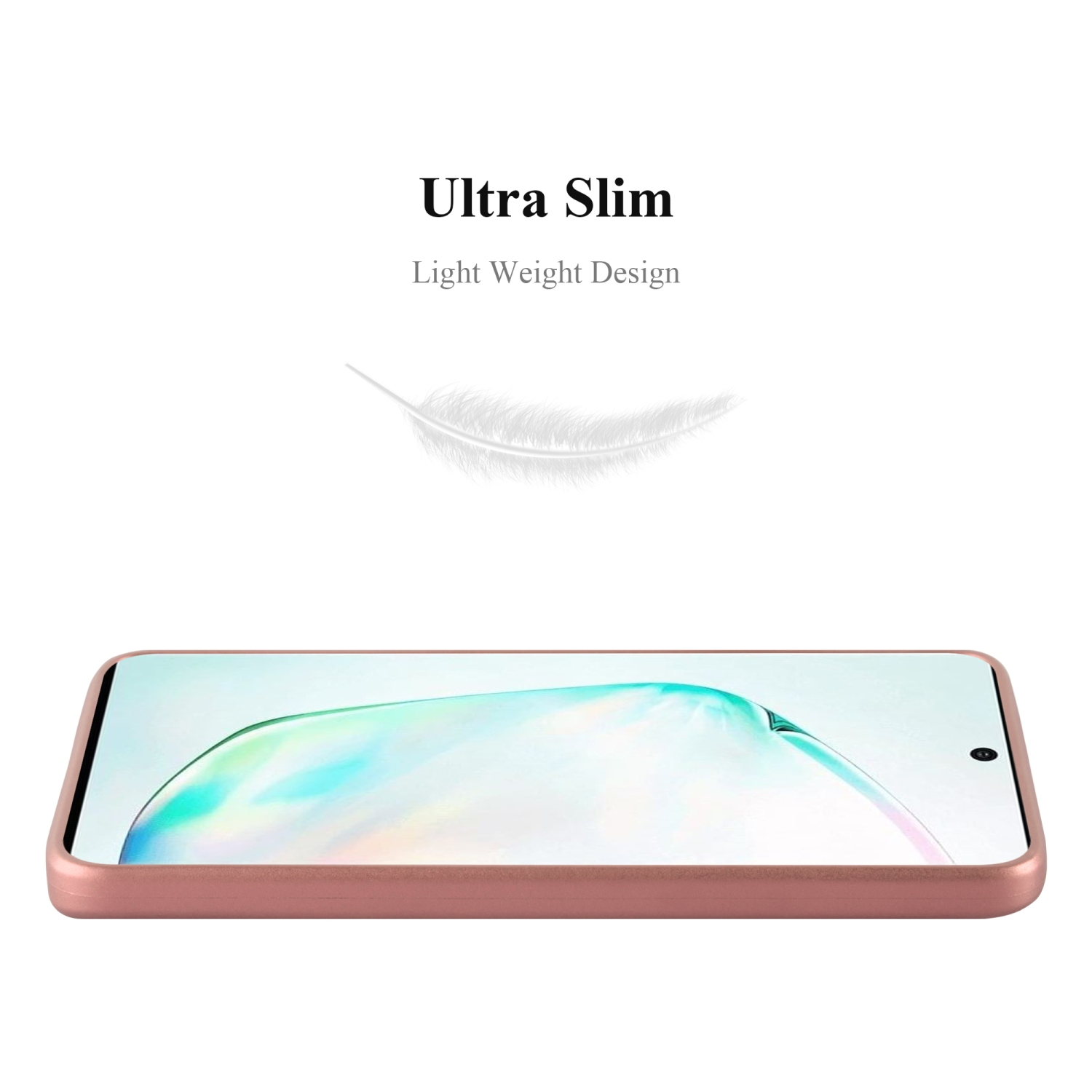 Roségoldenes Telefoncase mit Federgrafik, betont schlankes Design.