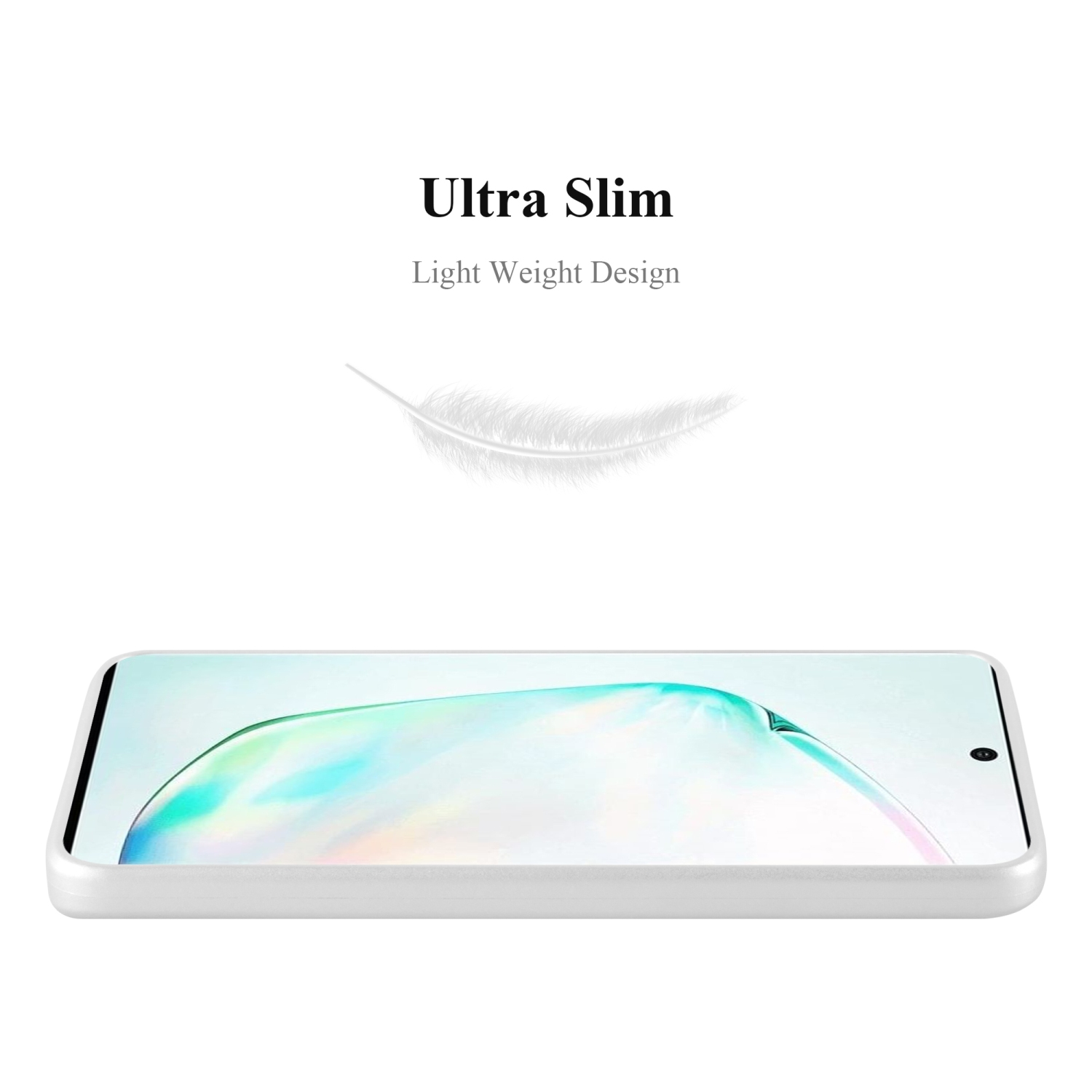 Un telefono con protezione schermo e custodia bianca. Testo: Ultra Slim, Light Weight Design. Illustrazione di una piuma.