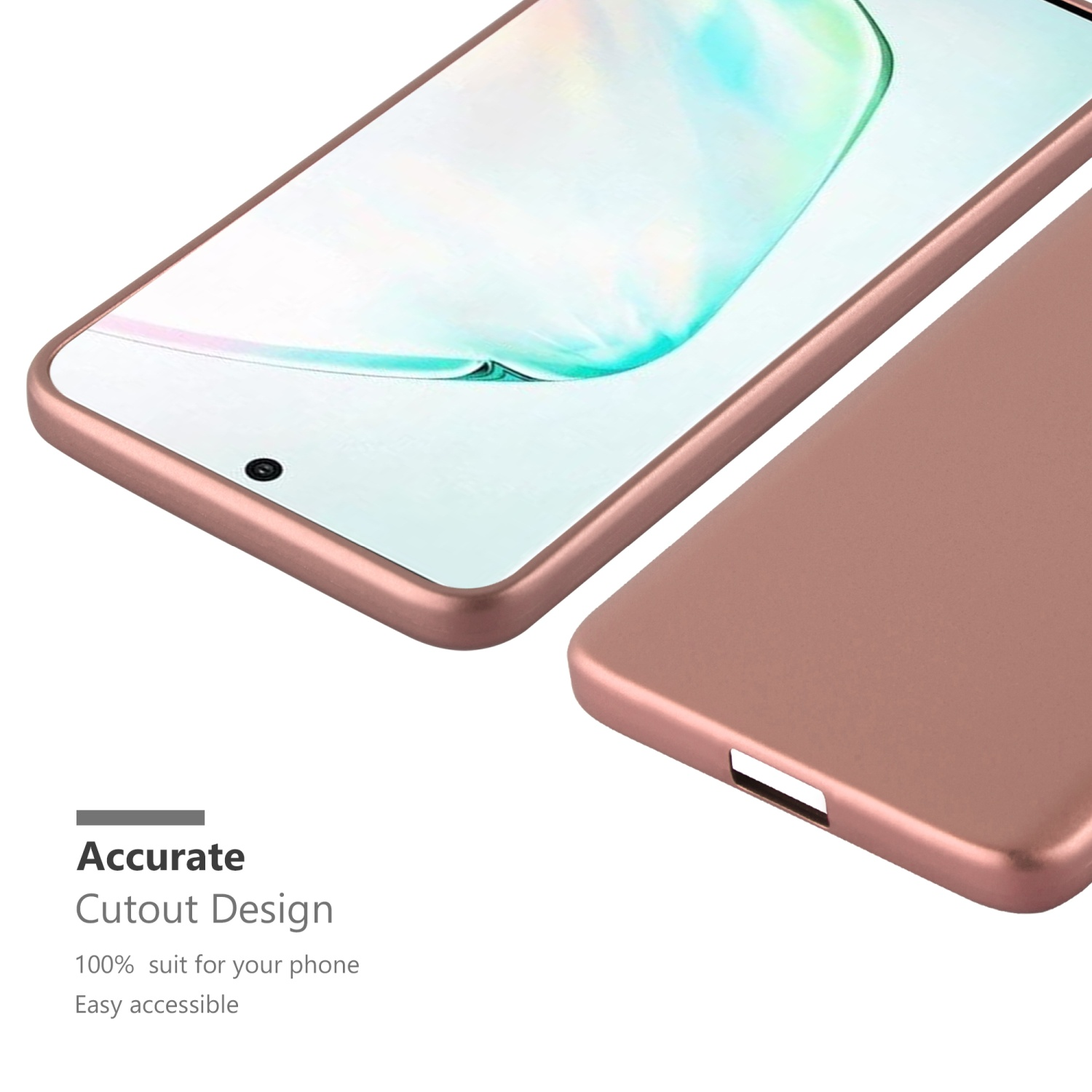 Nahaufnahme einer Handyhülle in Roségold. Das Telefon ist teilweise sichtbar.