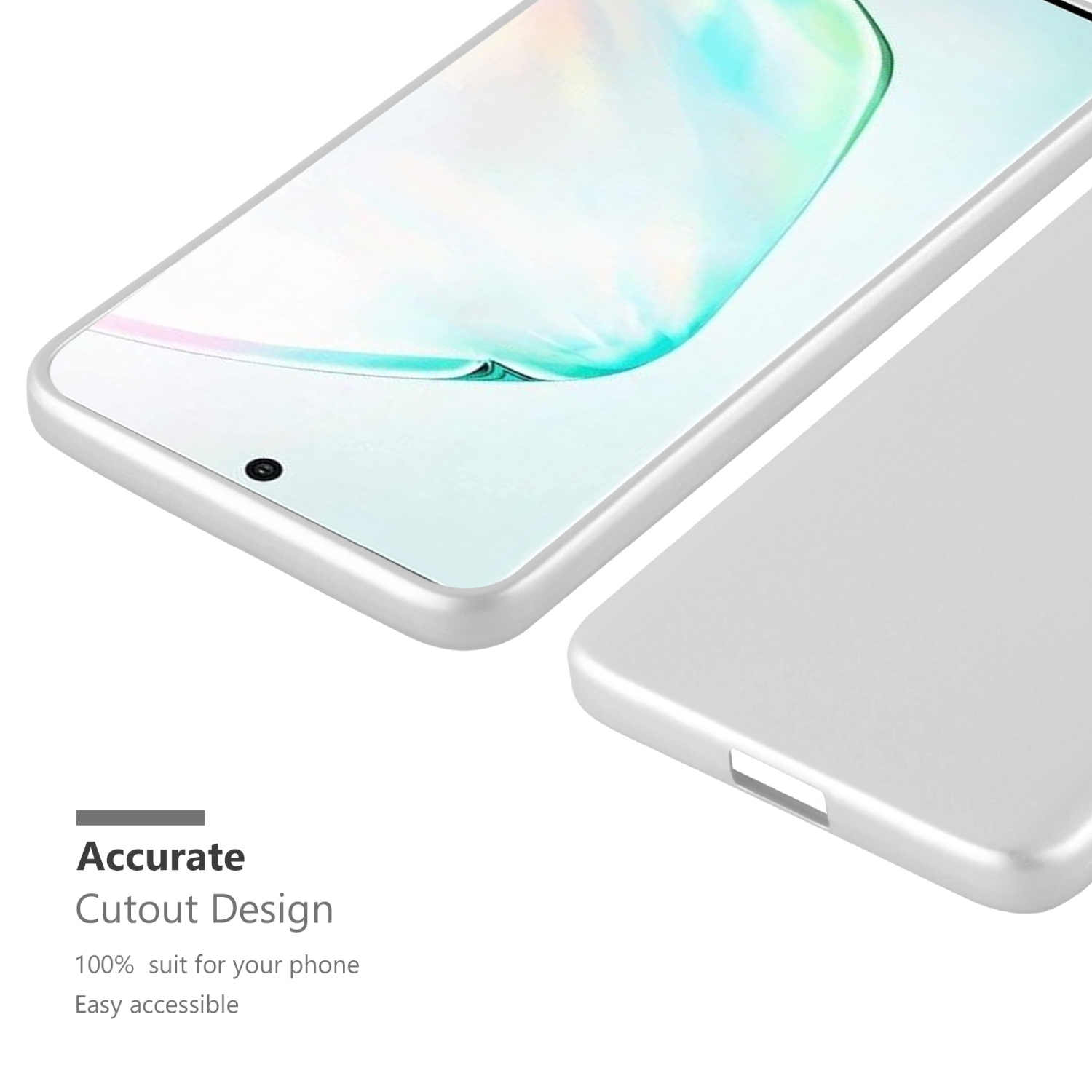 Una custodia per telefono grigio chiaro con un design ritagliato, che mostra il lato e il retro di un telefono.