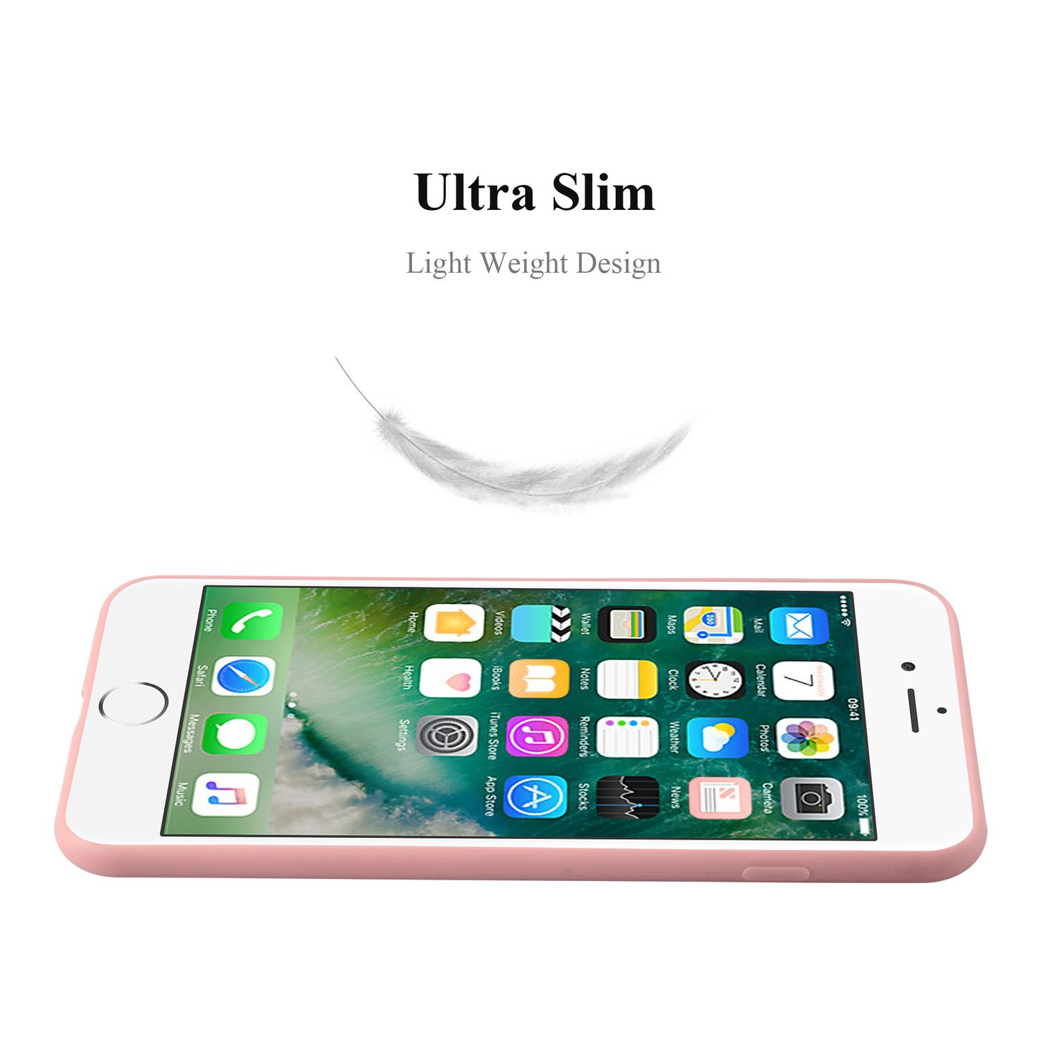 Weißes iPhone in rosa Hülle, mit einer Feder darüber.