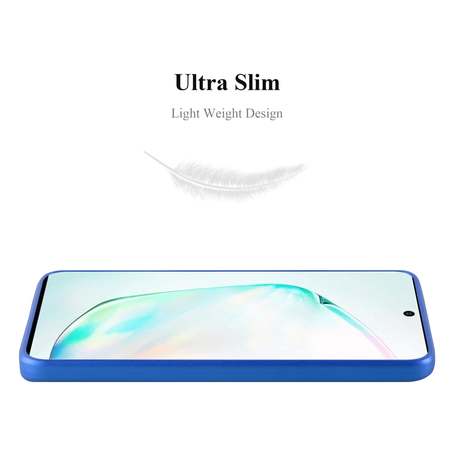 Custodia per telefono blu con grafica a piuma bianca. Testo: Design ultra sottile e leggero.