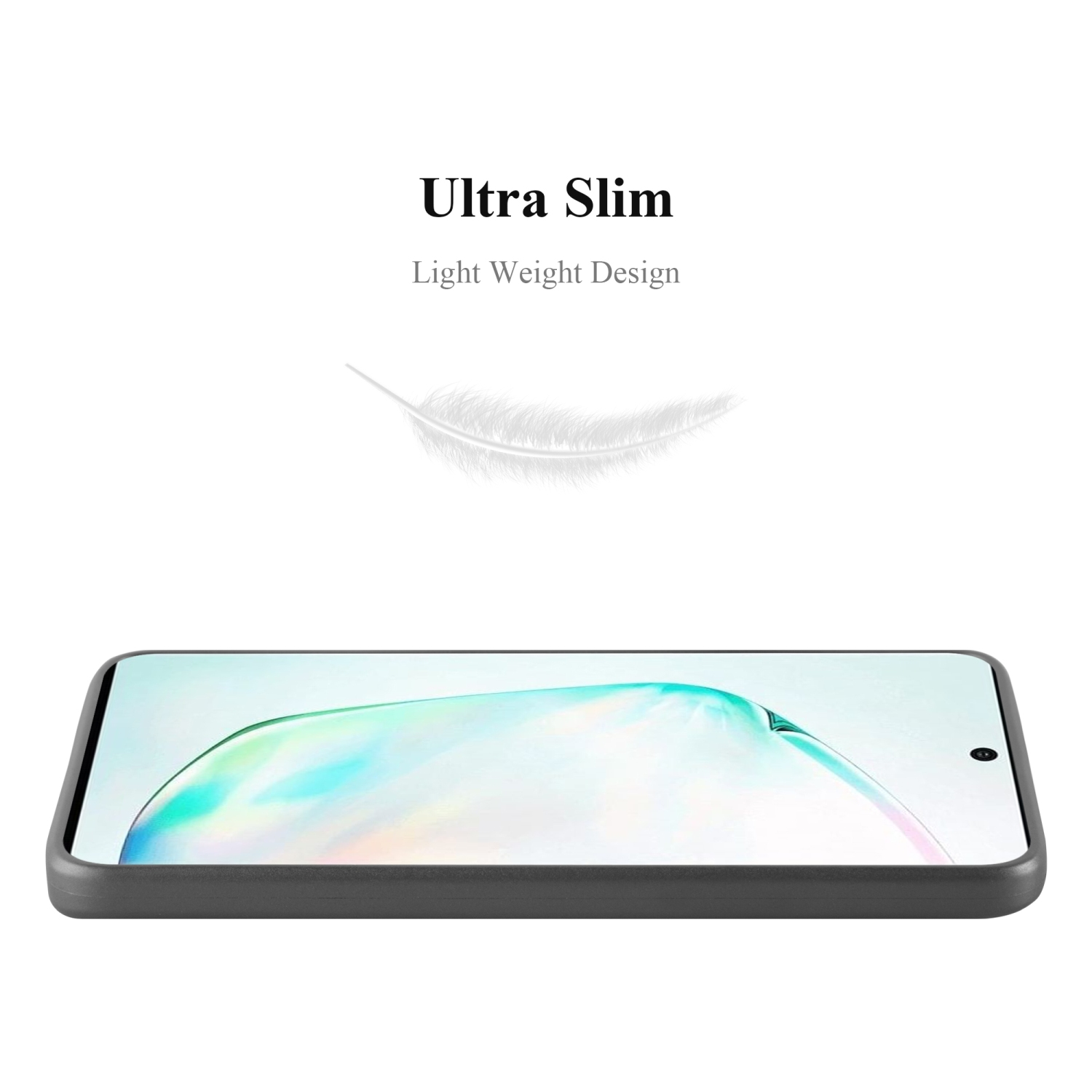 Eine schwarze Handyhülle mit dem Text 'Ultra Slim'. Eine weiße Feder ist über dem Handy.