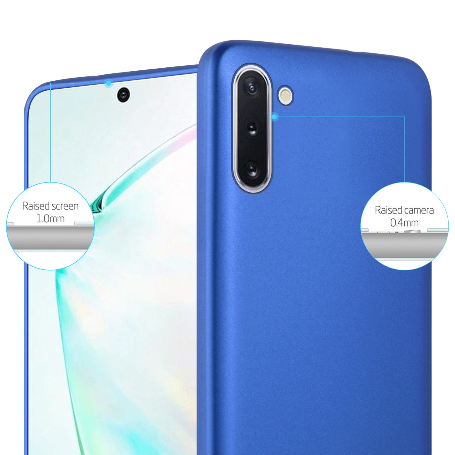 Primo piano di una custodia per telefono blu. Mostra lo schermo rialzato e la protezione della fotocamera.