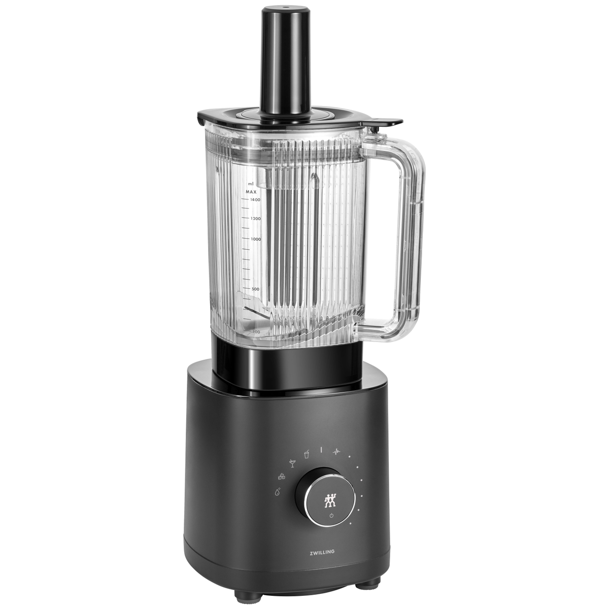 Schwarzer Mixer mit einem durchsichtigen Glasbehälter. Er hat einen Drehregler und einen Griff.