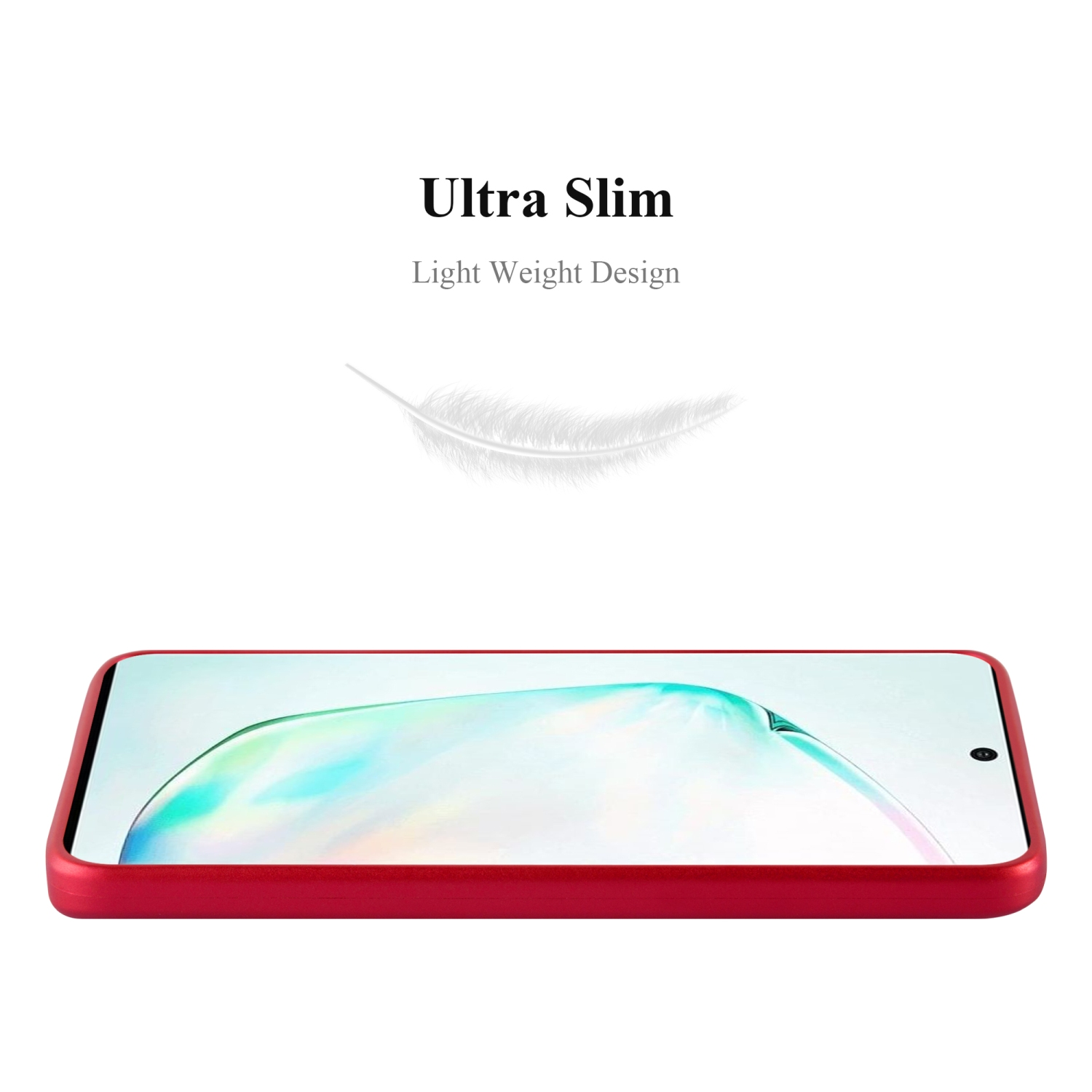 Custodia per telefono rossa. Un'immagine di una piuma sopra. Testo 'Ultra Slim' e 'Design Leggero'.