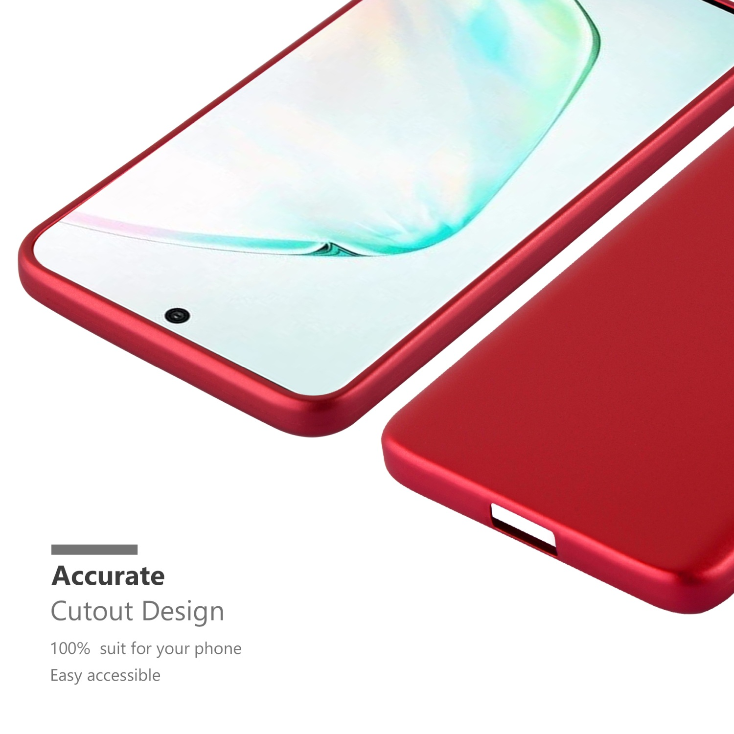 Una custodia per telefono rossa con un design ritagliato, che mostra il bordo del telefono. Testo: Design preciso.
