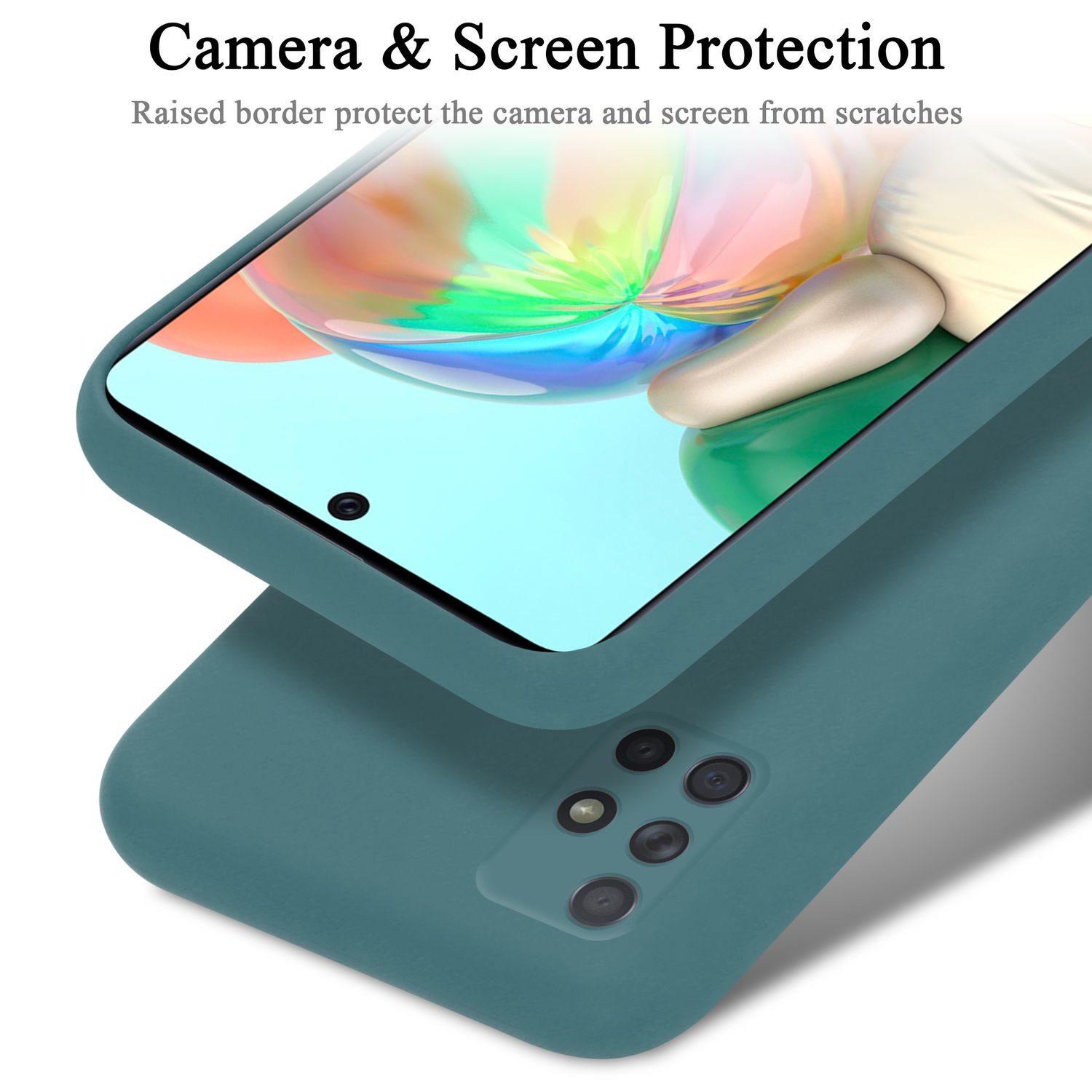 Una custodia per telefono verde acqua protegge lo schermo e la fotocamera del telefono. Il retro di una seconda custodia è visibile.
