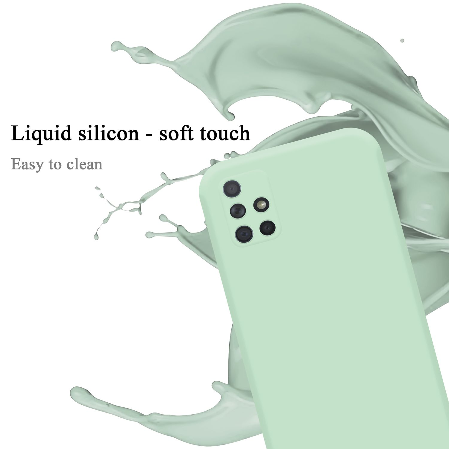 Eine grüne Telefonhülle mit einem Telefon und dem Text 'liquid silicon - soft touch'.